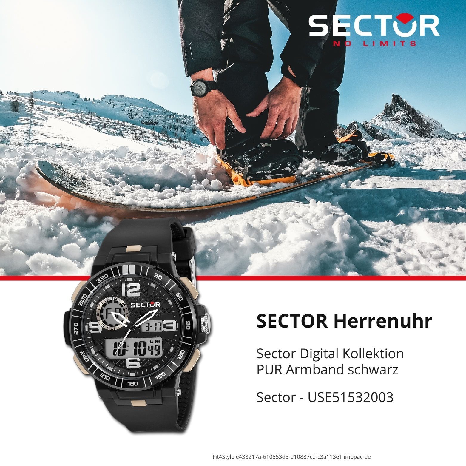 Sector Casual schwarz, Armband Sector Digitaluhr (ca. Armbanduhr PUR Herren Armbanduhr Digital, eckig 40,3x39,7mm) Herren
