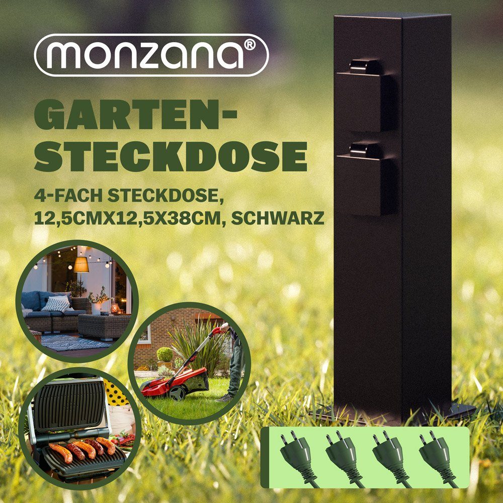 monzana Gartensteckdose, 4-fach IP44 Metallspieß Witterungsbeständig Garten Edelstahl Schwarz