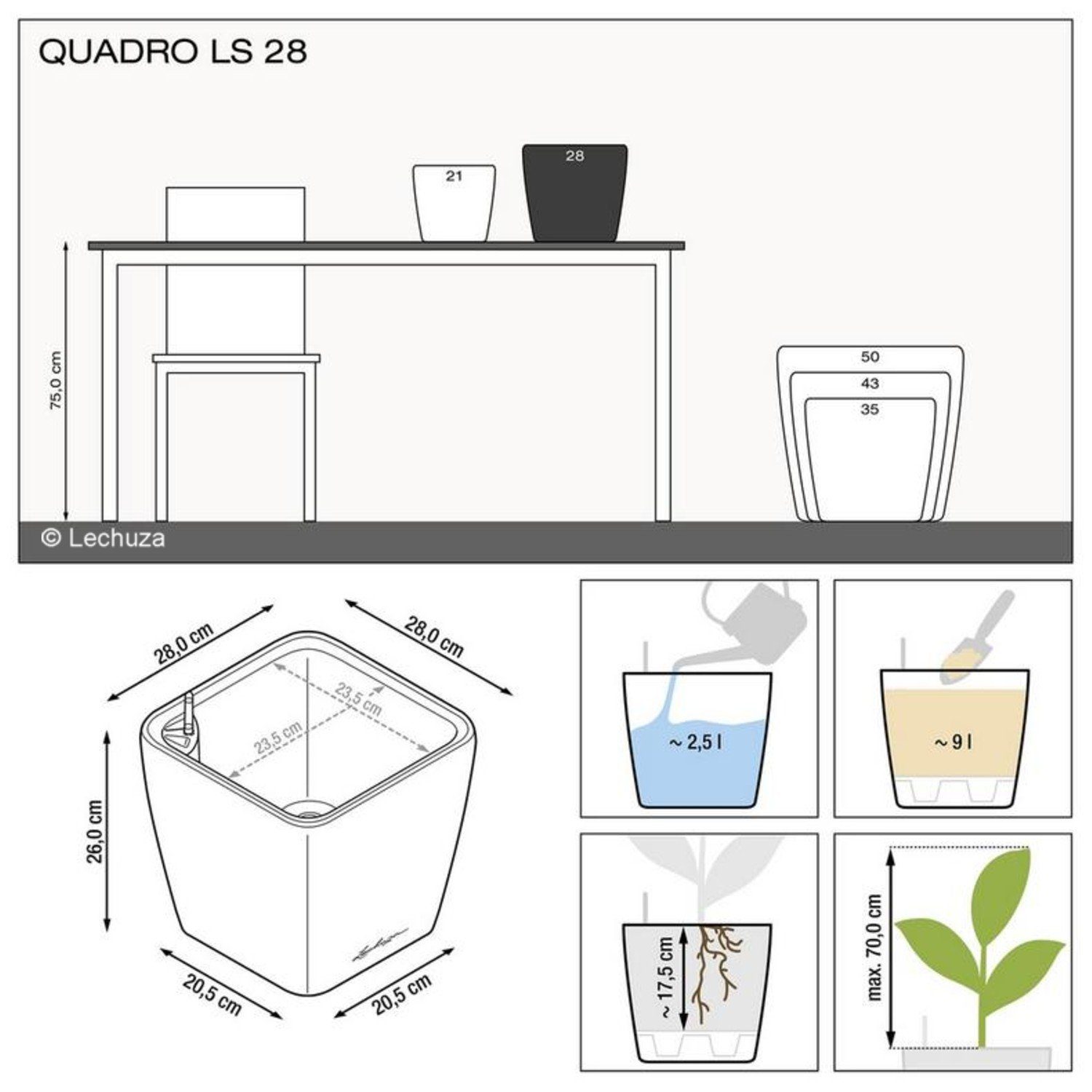 Lechuza® Pflanzkübel Pflanzgefäß Quadro LS 28 weiß hochglanz
