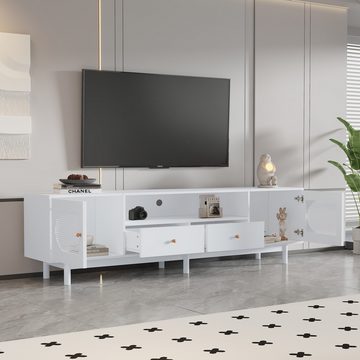 OKWISH TV-Schrank Lowboard TV-Unterschrank (2 Türen, 2 Schubladen,für 80-Zoll-Fernseher) aus weißem Rattan, 180*40*56 cm
