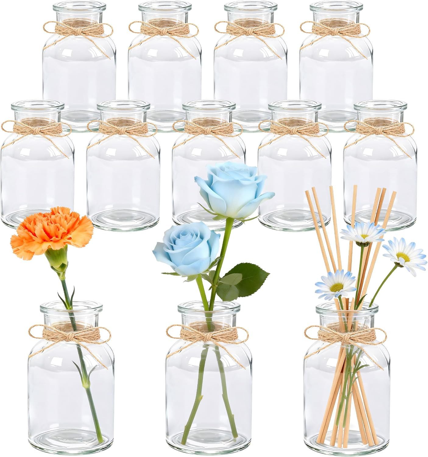 Refined Living Dekovase 12er Set Mini Glasvasen 125 ml,kleine Vasen mit Juteschnur,Blumenvasen (kleine Glasvasen, Vasen Set, Vasen für Hochzeit & Restaurantdeko, Trockenblumenvasen, Glasvasen für Tischdeko, Tischvasen, DIY Tischdeko, 12 St., Blumenvasen für Hochzeit, Geburtstag, Party & festliche Tischdeko), Dekovasen für Frischblumen, Trockenblumen & kreative DIY-Deko