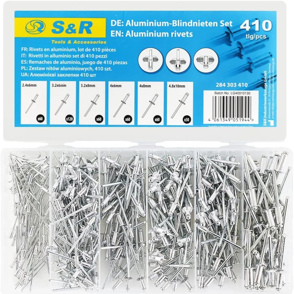 S&R Blindnietzange -nieten Set, Popnieten,Flachrundkopf; robuste Zug- und Scherfestigkeit, Set 410-tlg., 6 Größen: 2.4x6mm, 3.2x6mm, 3.2x8mm, 4x6mm, 4x8mm, 4.8x10mm, aus Aluminium und Schaft aus Kohlenstoffstahl in verschließbarer Box
