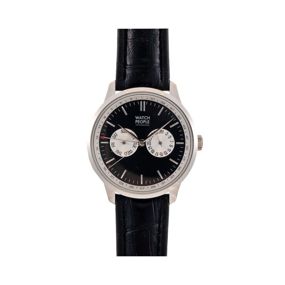 Quarzuhr Herren Multifunktionsuhr Tyro Edelstahl Leder Schwarz SilberWP-9000556