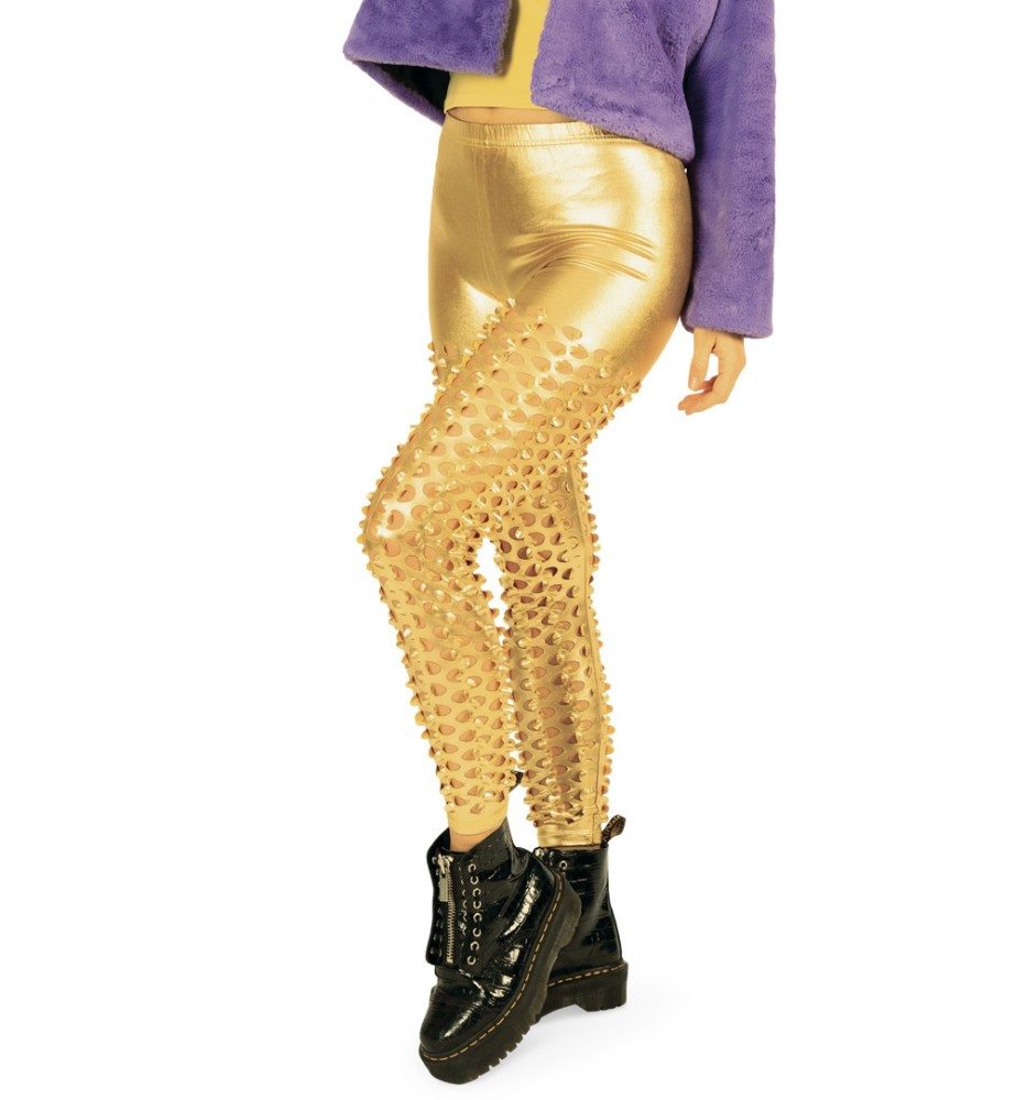 Fries Leggings Cut Out Metallic Gold Leggins Einheitsgröße Karneval Cosplay Party