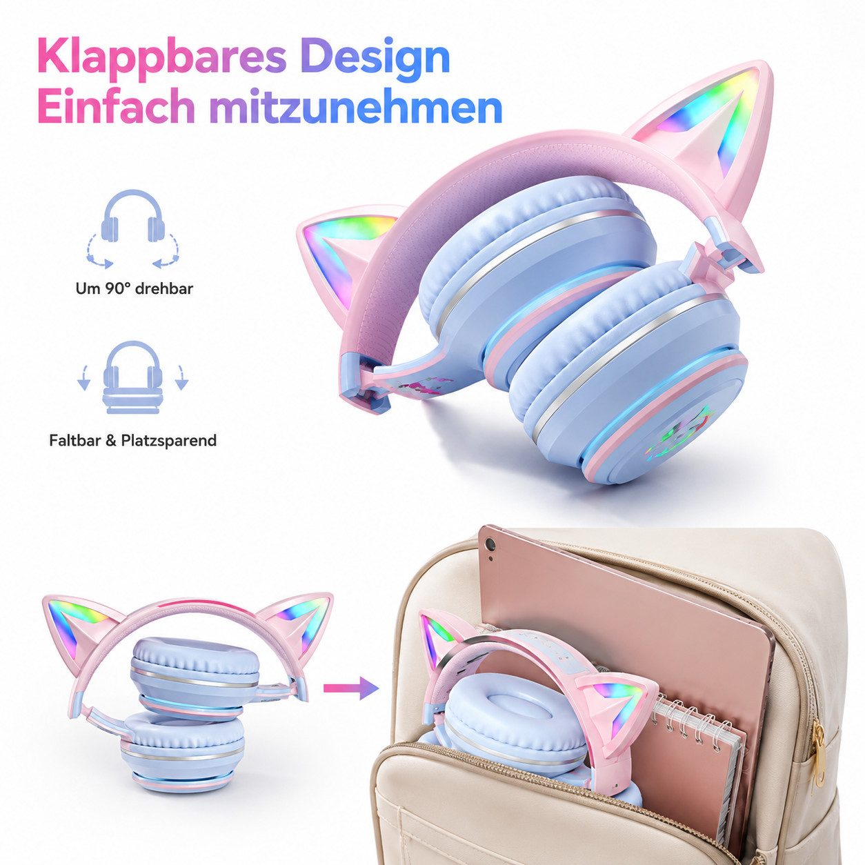 Toomoke Bluetooth Kopfhörer Kinder, RGB LED Headset Over Ear, Bluetooth 5.3 Kinder-Kopfhörer (10 Stunden Spielzeit, Stereo-Sound, 60 dB Lautstärkebegrenzung, HD Mikrofon,Faltbares Design)