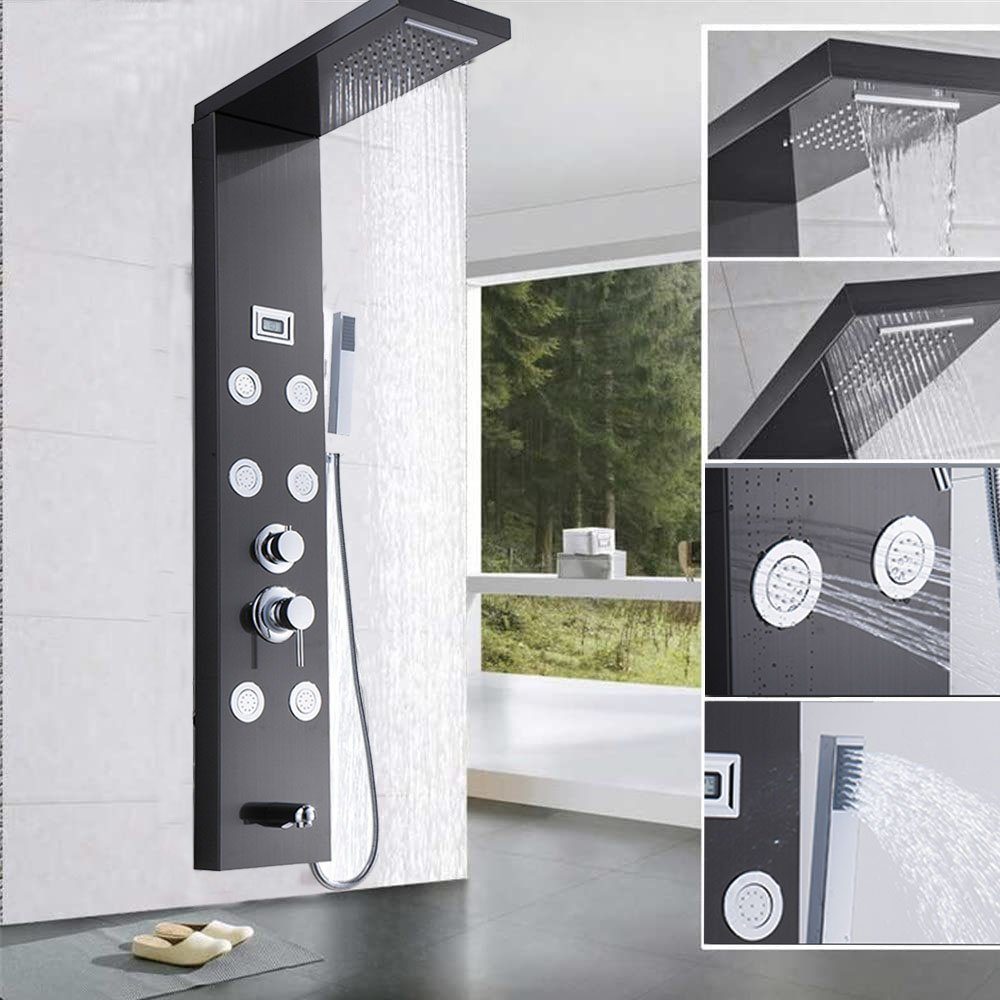 Schwarz Duschset,5 Regendusche XERSEK Duschpaneel mit Strahlart(en), 5 Armatur,Duschsystem mit Massagedüsen Strahlarten LCD,Edelstahl, Duschsystem und