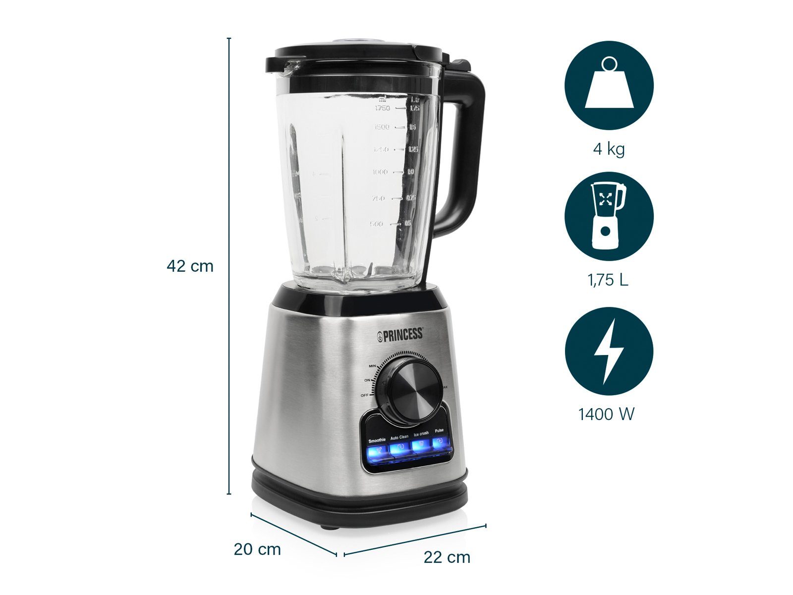 PRINCESS Standmixer, 1400 W, Rührmaschine 1,75L Krug, Smoothie Maker Ice Crusher Power Küchen-Mixer