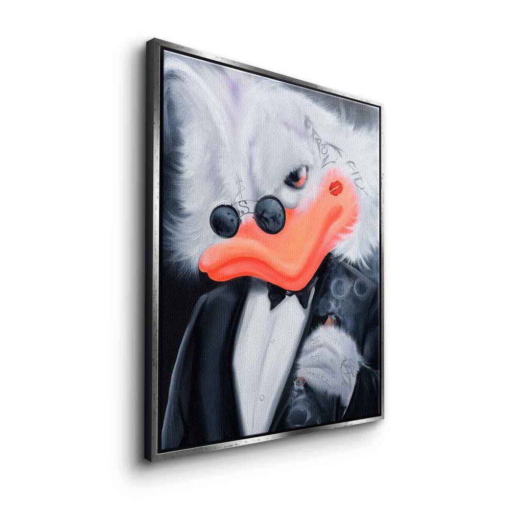 Duck Porträt Pop Leinwandbild Leinwandbild Cigarette weißer Art weiß Cigarette Duck, Rahmen schwarz DOTCOMCANVAS® Comic Duck
