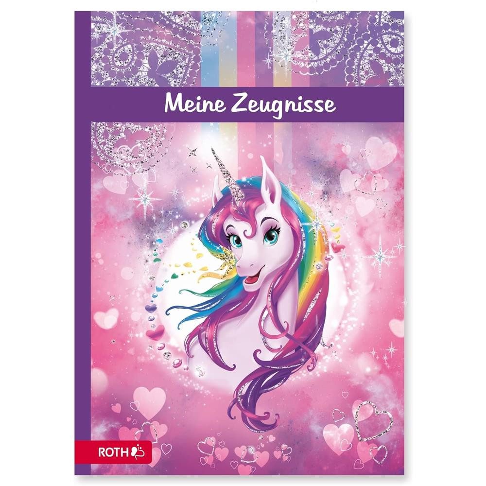 Roth Organisationsmappe Zeugnismappe A4 Einhornportrait, 10 Einlagen Schulbedarf Einhorn Dokumente Zeugnis Mappe Hülle rosa