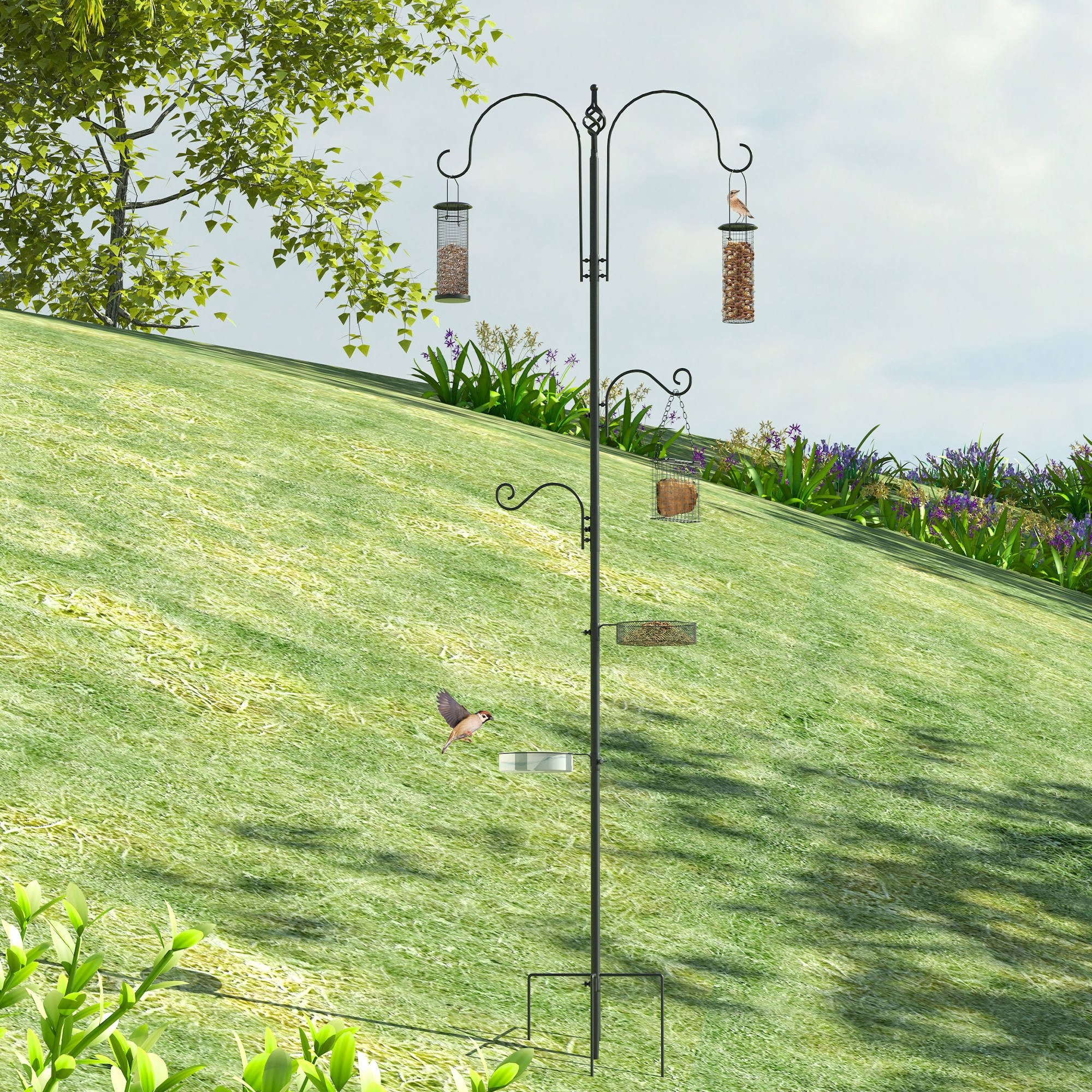furnicato Vogelhaus Vogelfutterstation Schwarz 54,5L x 54,5B x 208H cm, Vogelhaus mit 4 Haken, 3 Futterschalen und stabilem Sockel für Garten