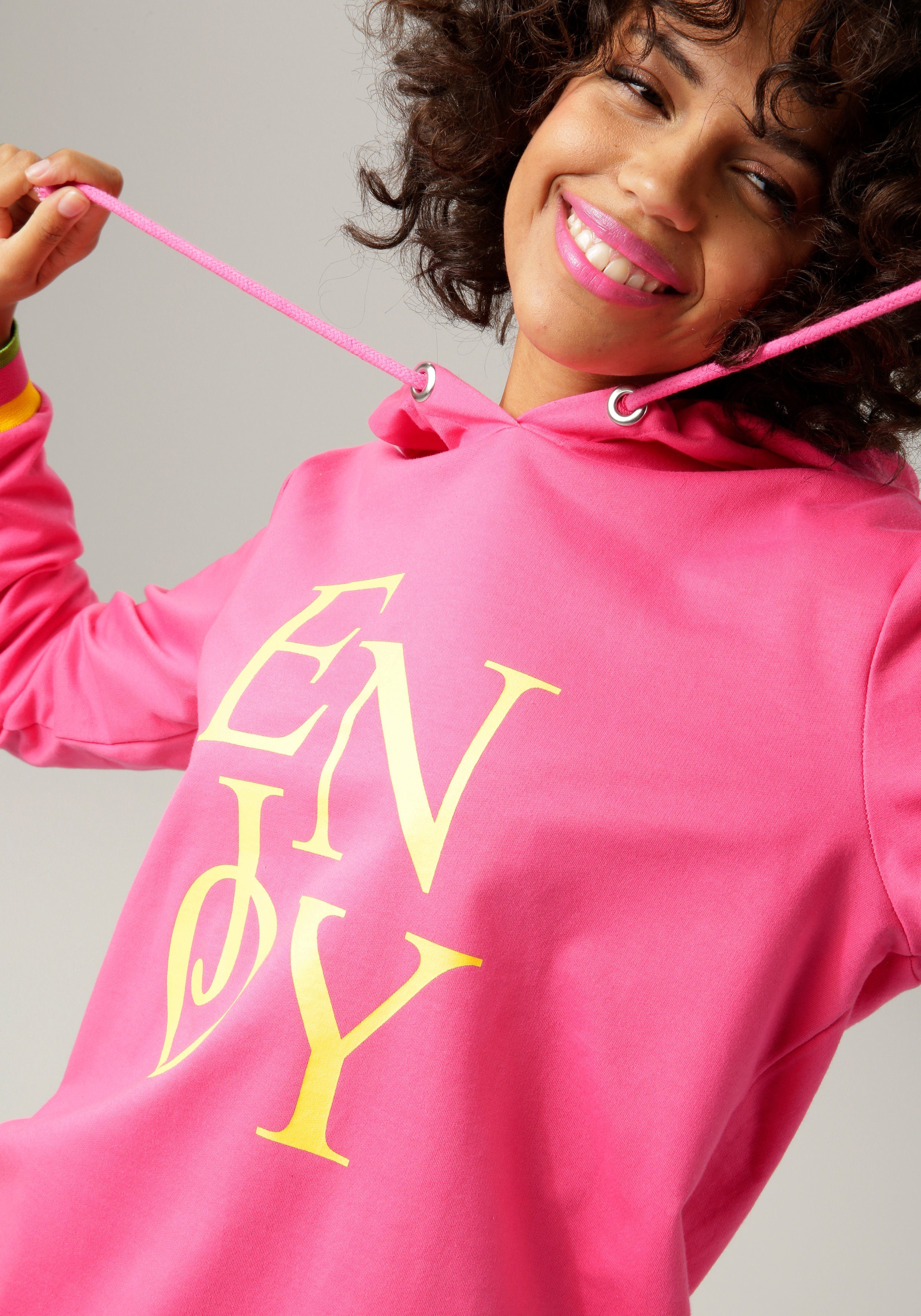 Aniston CASUAL "ENJOY"-Schriftzug mit pink-gelb-moosgrün Sweatshirt