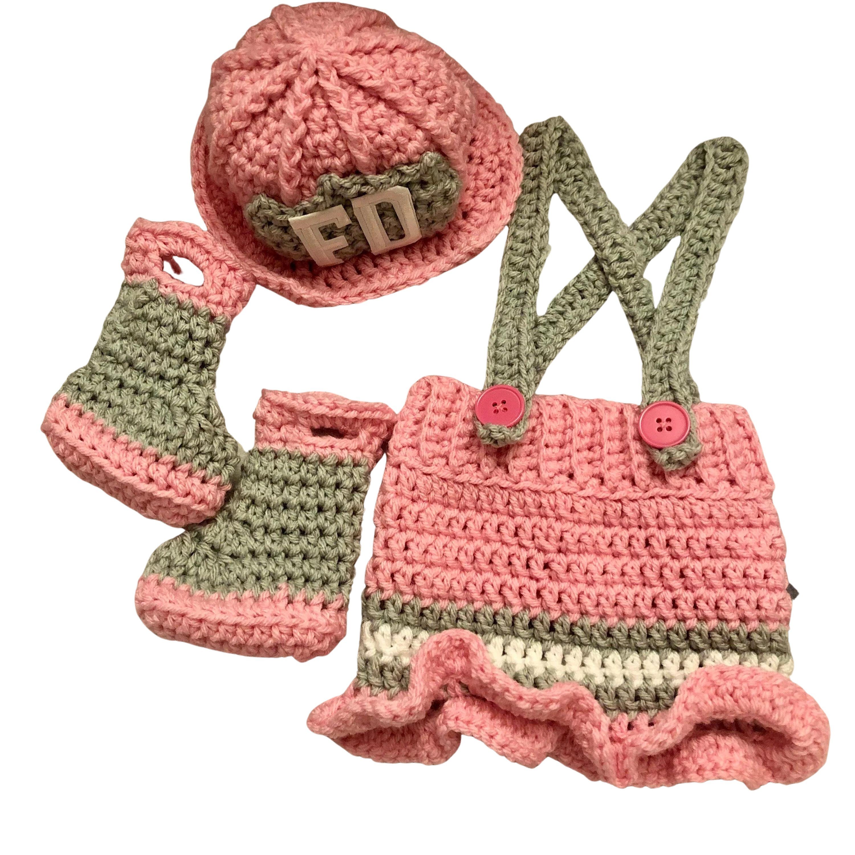 Matissa & Dad Neugeborenen-Geschenkset Baby Fotoshooting Strick Feuerwehr, Häkelkostüm für Neugoborenen (3 tlg, Socken, Hut und Mütze) rosa 2
