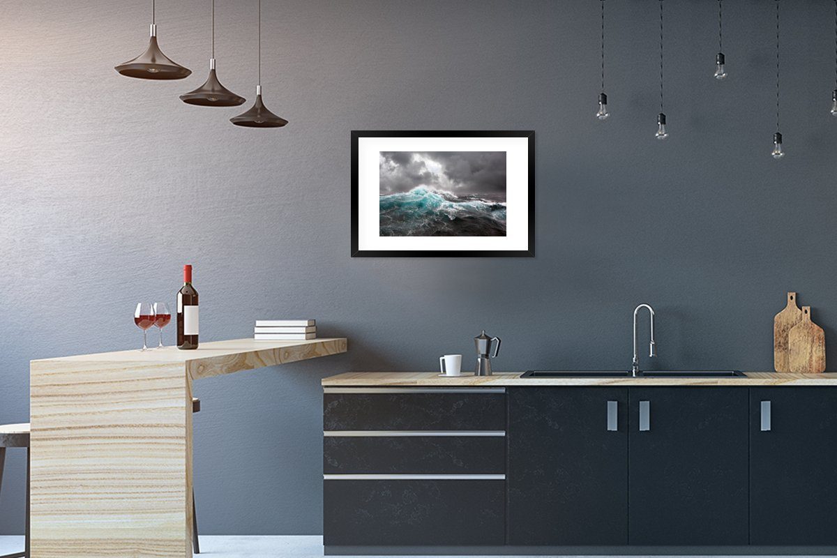 MuchoWow Poster Ozean - - Rahmen, Kunstdruck, Gerahmtes St), Schwarzem Bilderrahmen Sturm mit (1 Welle, Poster
