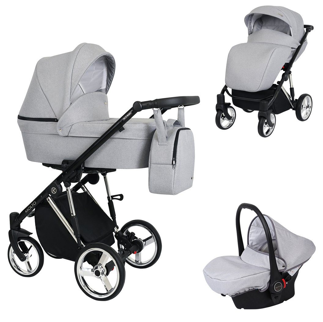 babies-on-wheels Kombi-Kinderwagen Molto Edition 3 in 1 inkl. Autositz -13 Teile- von Geburt bis 4 Jahre Hellgrau = Gestell verchromt