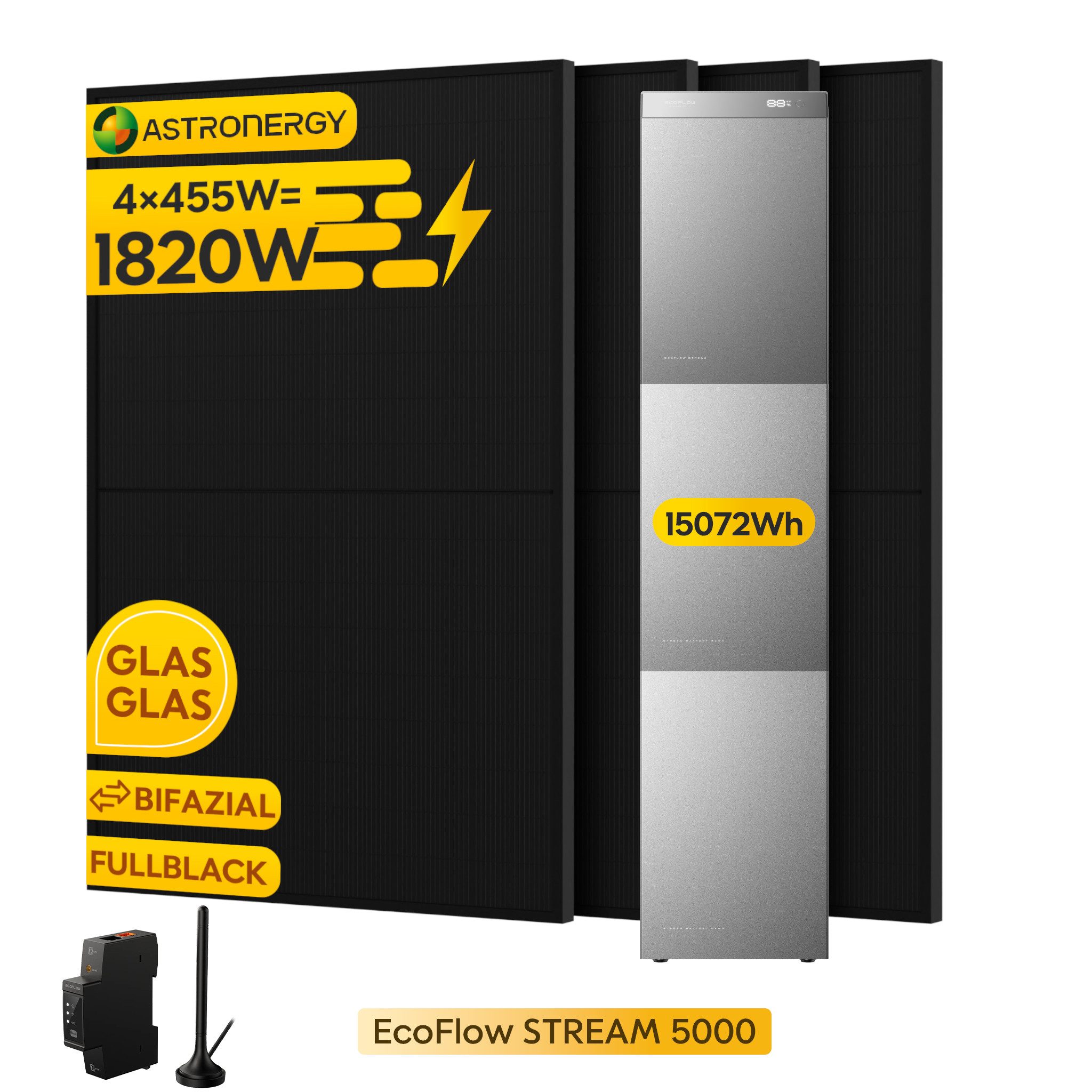 Ecoflow Balkonkraftwerk EcoFlow STREAM 5000 mit 2 Zusatzbatterien, 15.072 Wh, 1.820 Wp, (mit 4x Astronergy 455W Module), inkl. Halterung (Optional)