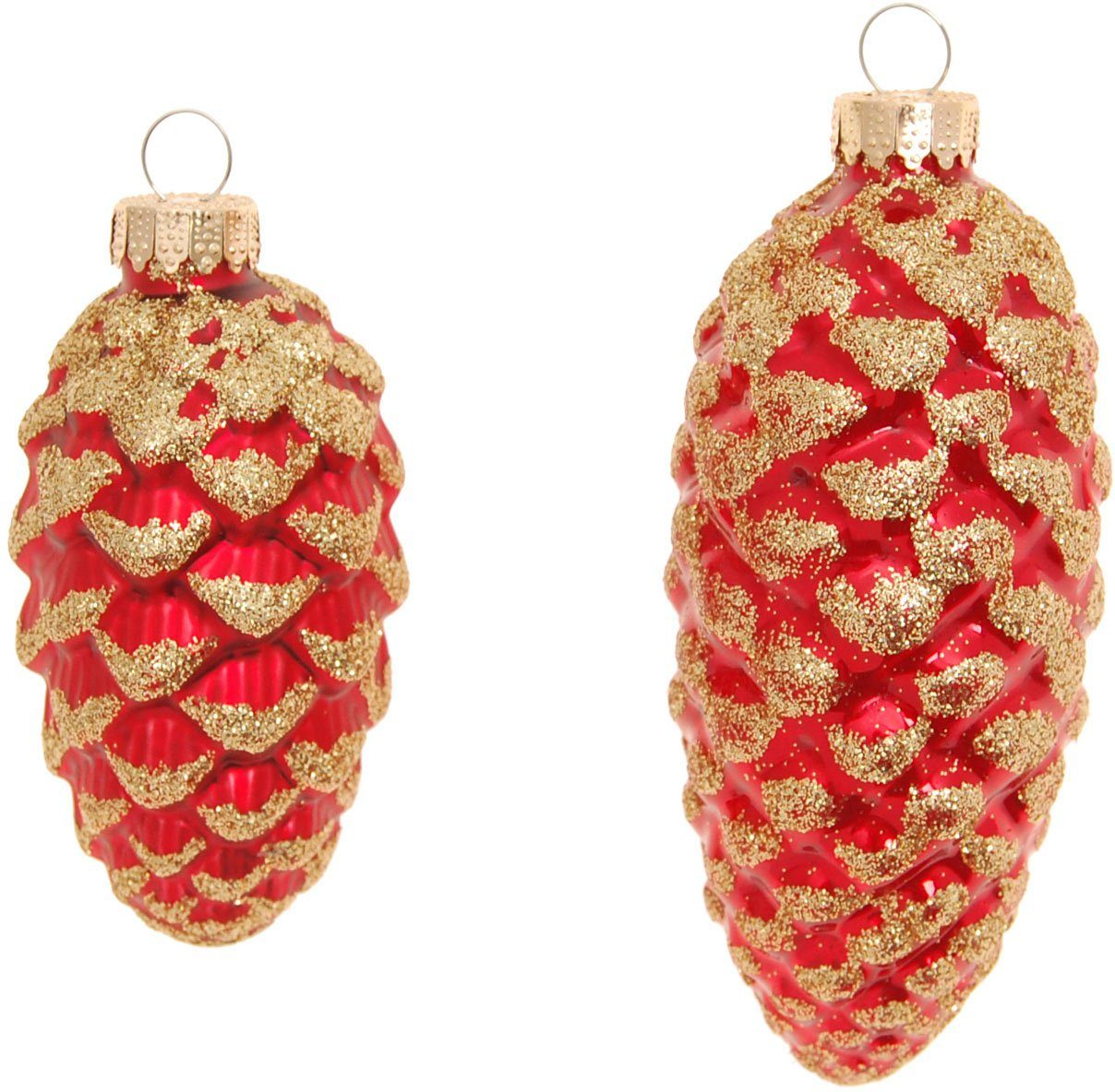 Christbaumschmuck Glas-Tannenzapfen, Rot mit Glitter, 2x klein Ø 8 cm + 2x groß Ø 10 cm