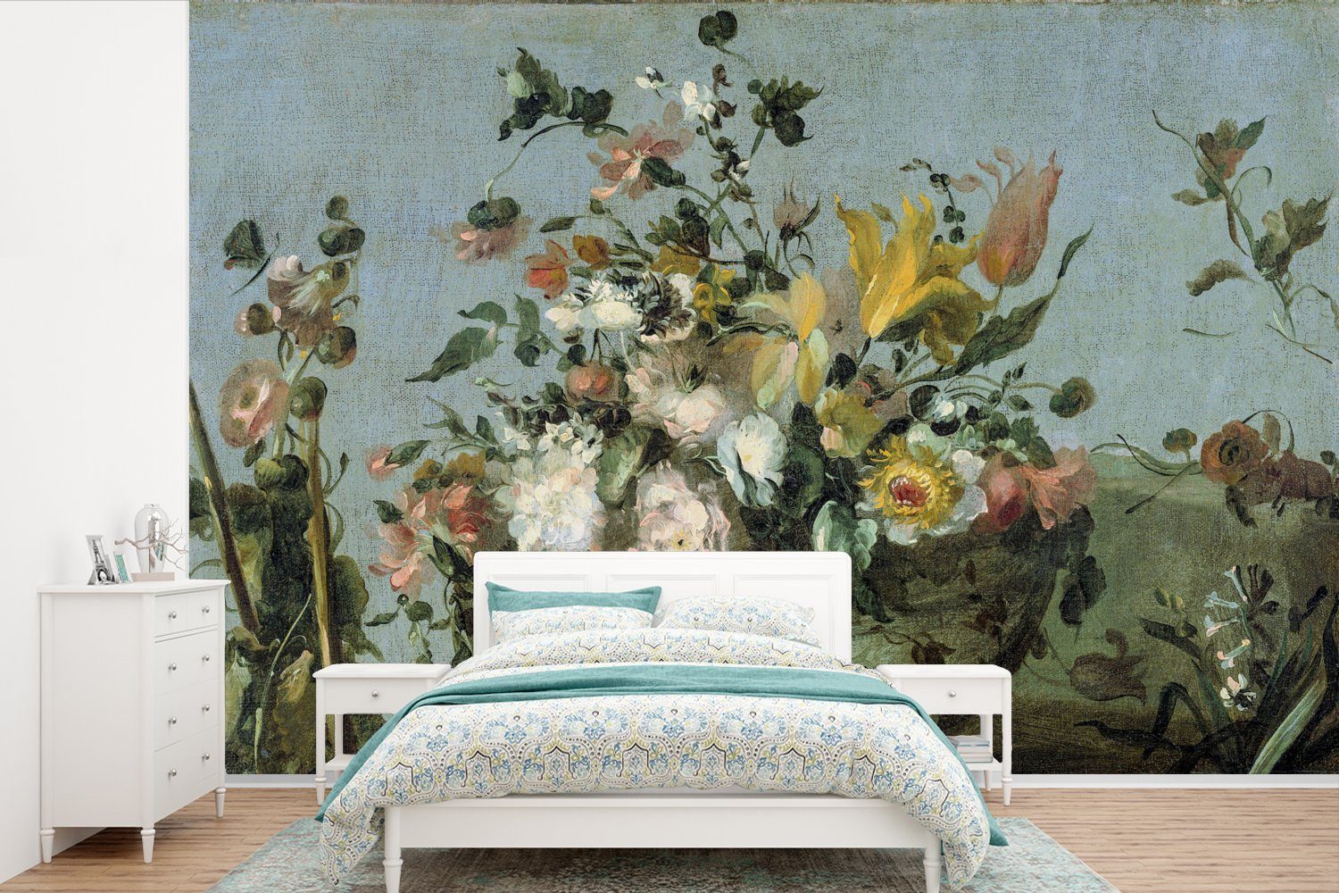 MuchoWow Fototapete Blumen - Alte Meister - Ölfarbe, Matt, bedruckt, (6 St), Wallpaper für Wohnzimmer, Schlafzimmer, Kinderzimmer, Vinyl Tapete