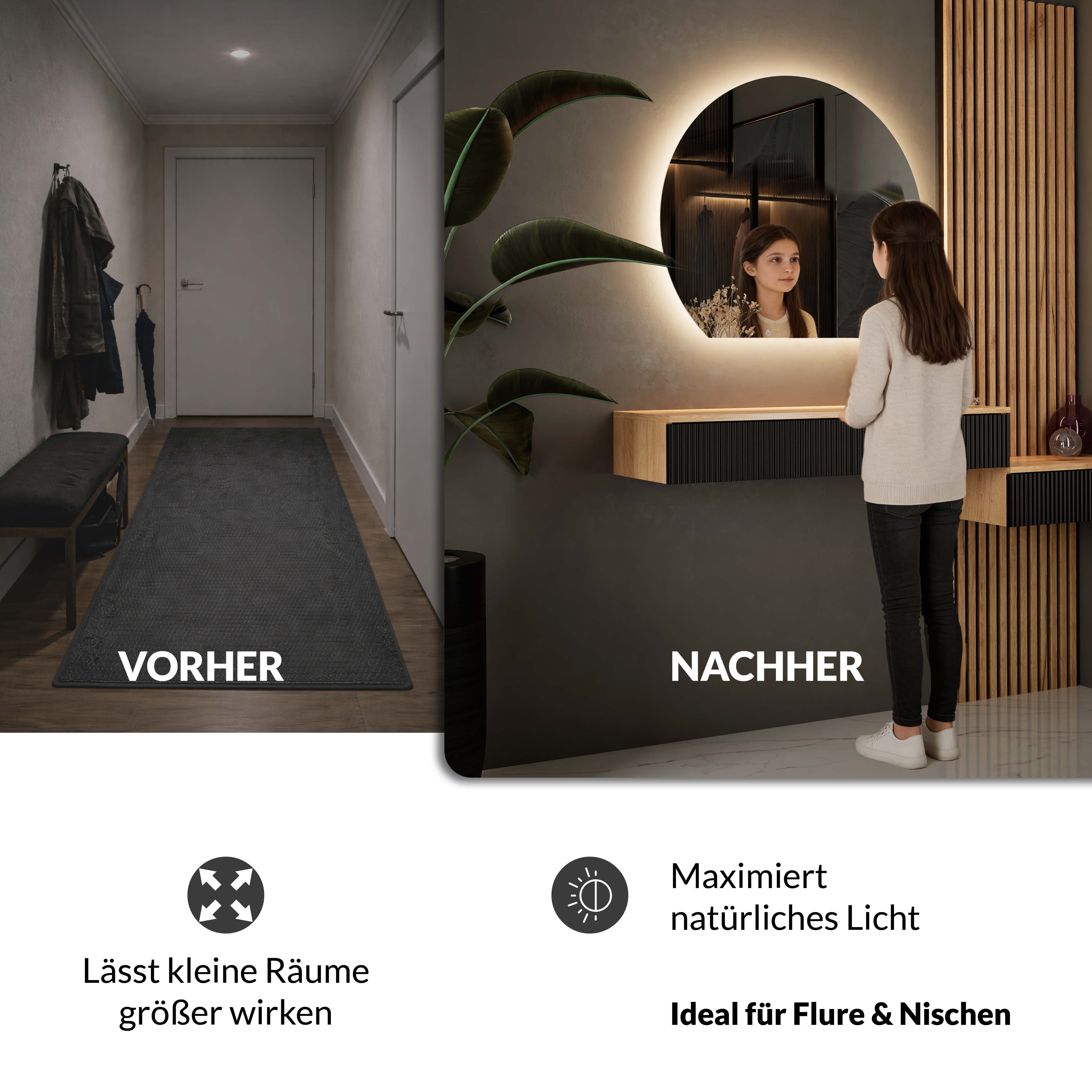 Planetmöbel Dekospiegel AUBE (Dimmbar mit Touch-Schalter, 100x50cm, Dekorativer Wandspiegel mit Dimm-Funktion), LED Spiegel