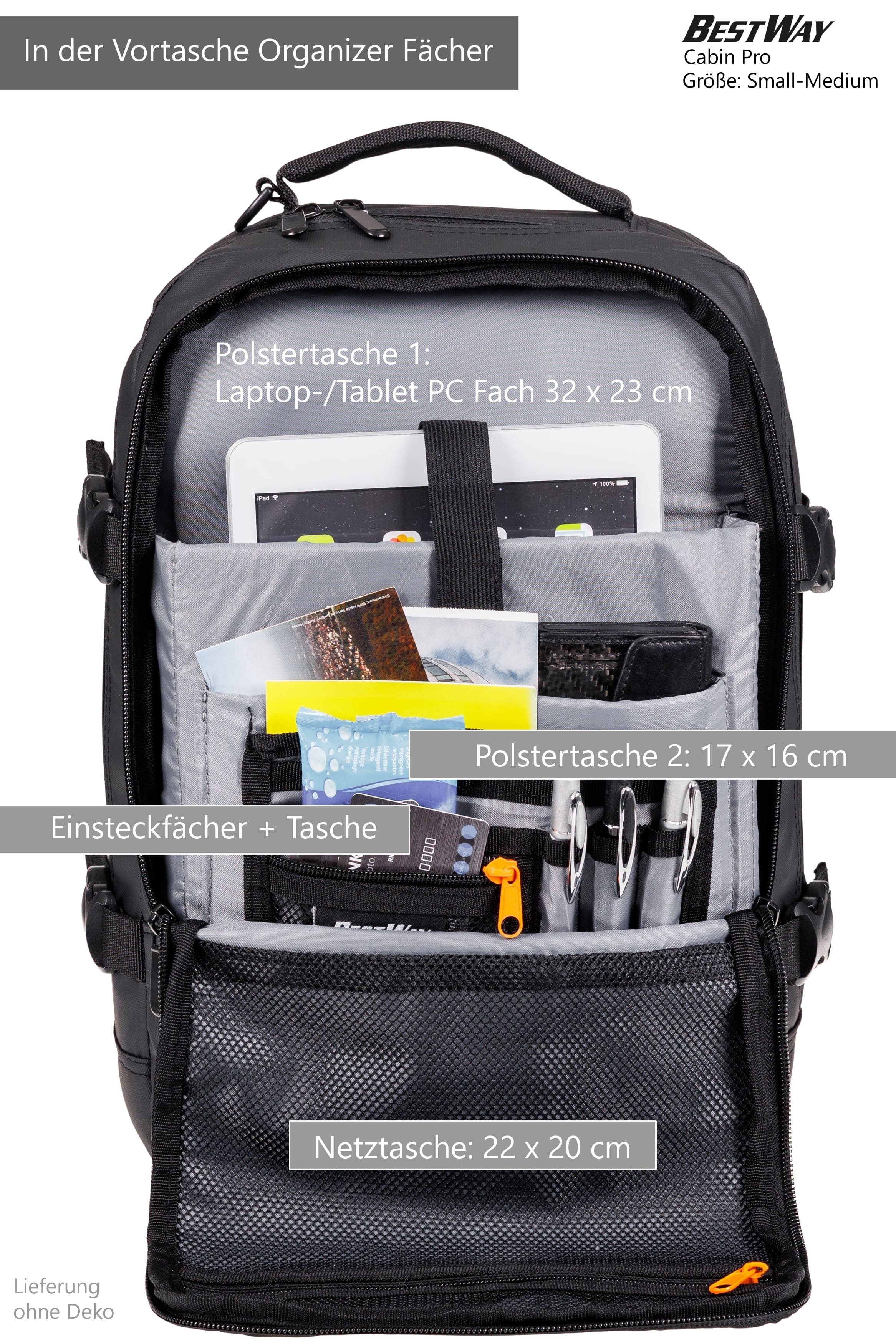 BestWay Bags Reiserucksack Handgepäck Rucksack für Ryanair aus Plane, Cabin Pro Flugzeug Kabinenrucksack Laptoprucksack 40350 + Koffergurt