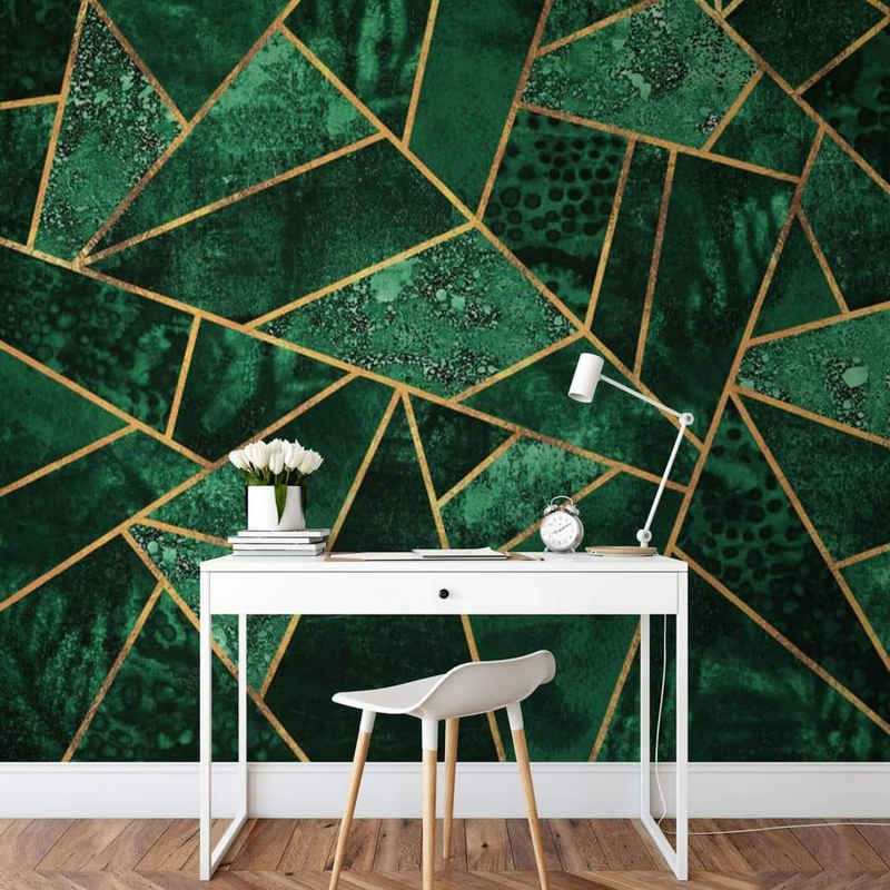K&L Wall Art Fototapete Große Vliestapete XXL Art Deco Gold Grün Smaragd Natur Pflanze, Wohnzimmer Wandschutz