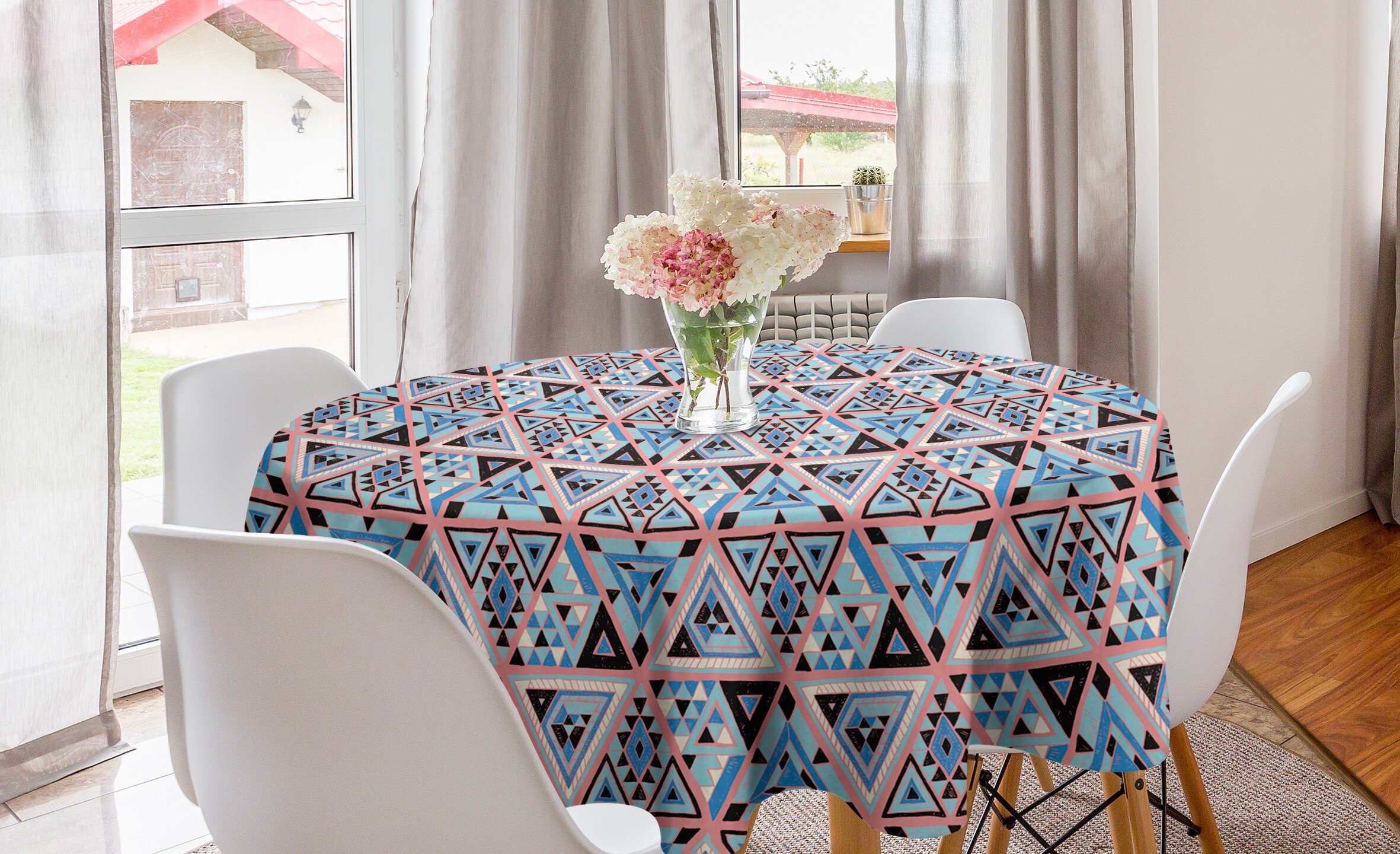 Küche Hipster Tischdecke Tischdecke Dekoration, Folkloric Abakuhaus Esszimmer für Triangles Abdeckung Kreis Ikat