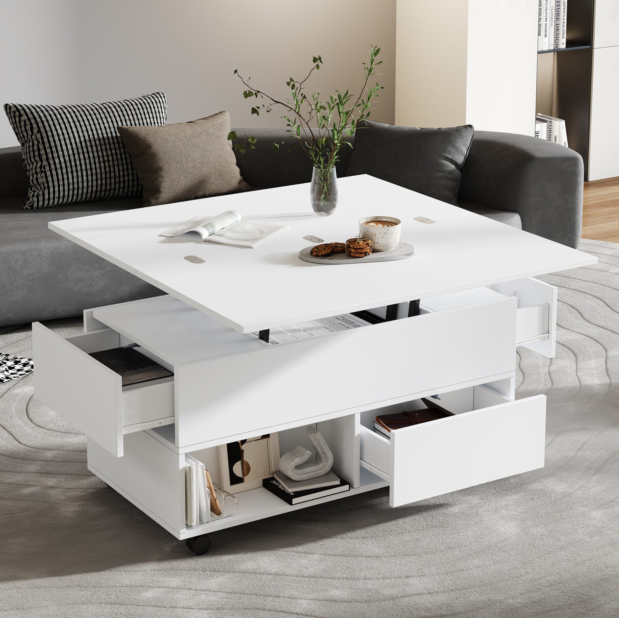 OKWISH Couchtisch Kompakter Funktionstisch mit Stauraum & Rollen (Packung, 1-St., Weiß, 100×50×52 cm, für Wohnzimmer & Esszimmer), 4 Schubladen, höhenverstellbar, 50 kg Tragkraft