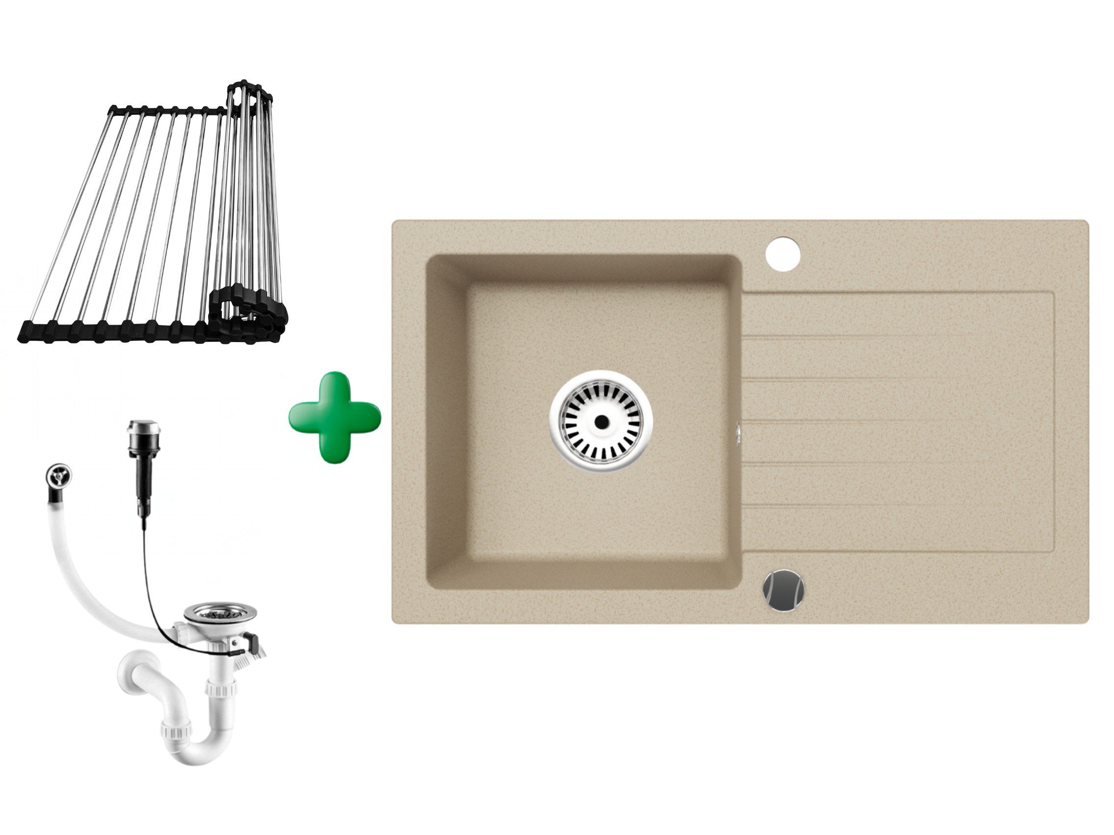 Faizee Möbel Granitspüle Faizee Home Granitspüle 75x43,5 mit Abtropfgitter, Armatur wählbar, Beidseitig montierbar (reversibel), Kratzfest & hitzebeständig bis 280 °C, Pflegeleicht & chemikalienresistent, Mit Abtropffläche, Inklusive Siphon-Set, (Spüle mit Zubehör, Granitspüle 75x43,5, Abtropfgitter, Siphon, Armatur optional), Granitspüle 75x43,5, Abtropffläche, pflegeleicht, Siphon, EU
