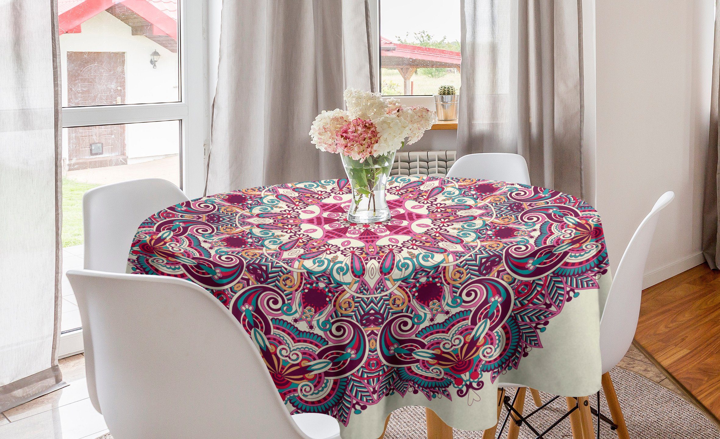 Abakuhaus Tischdecke Kreis Tischdecke Abdeckung für Esszimmer Küche Dekoration, Mandala Boho Blumen