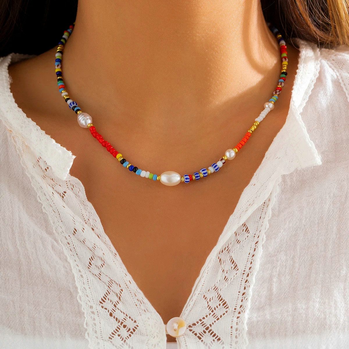 BUNGSA Perlenkette Kette Choker Perlen bunt aus Kunststoff Damen (1-tlg), Halskette Necklace