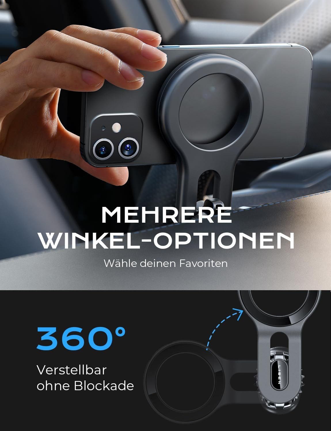 LISEN Smartphone-Halterung MagSafe Autohalterung Lüftung Magnet Handyhalterung Auto KFZ iPhone, (20 N52-Magnete, 30N Kraft, Luftauslass frei, MagSafe, 360° dreh – Bild 2 von 5