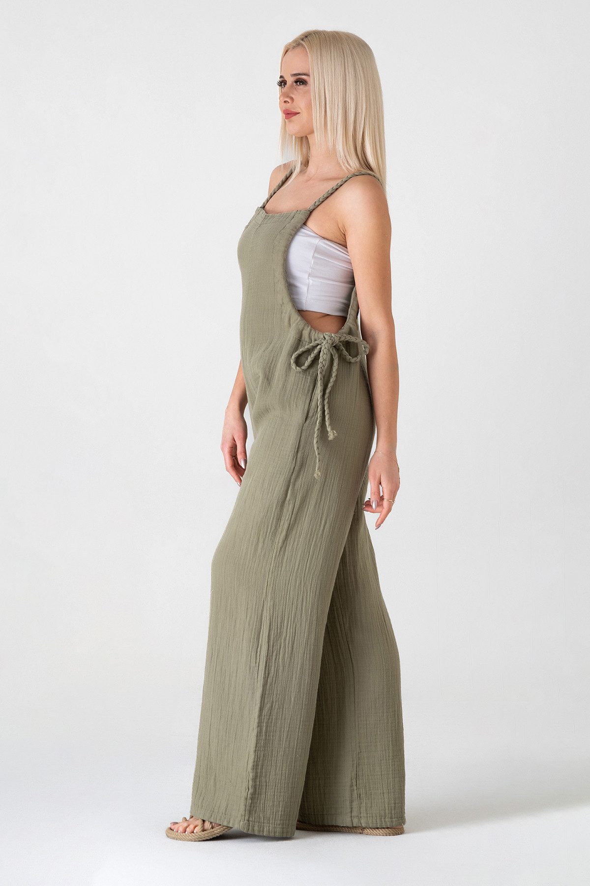 WENOR Overall Damen Jumpsuit Musselin mit Flechtträgern – locker & größenverstellbar