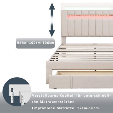 OKWISH Bett Doppelbett Jugendbett Polsterbett 140 x 200 cm (mit LED-Beleuchtung, Schubladen, Lattenrost, ohne Matratze), Ohne Matratze