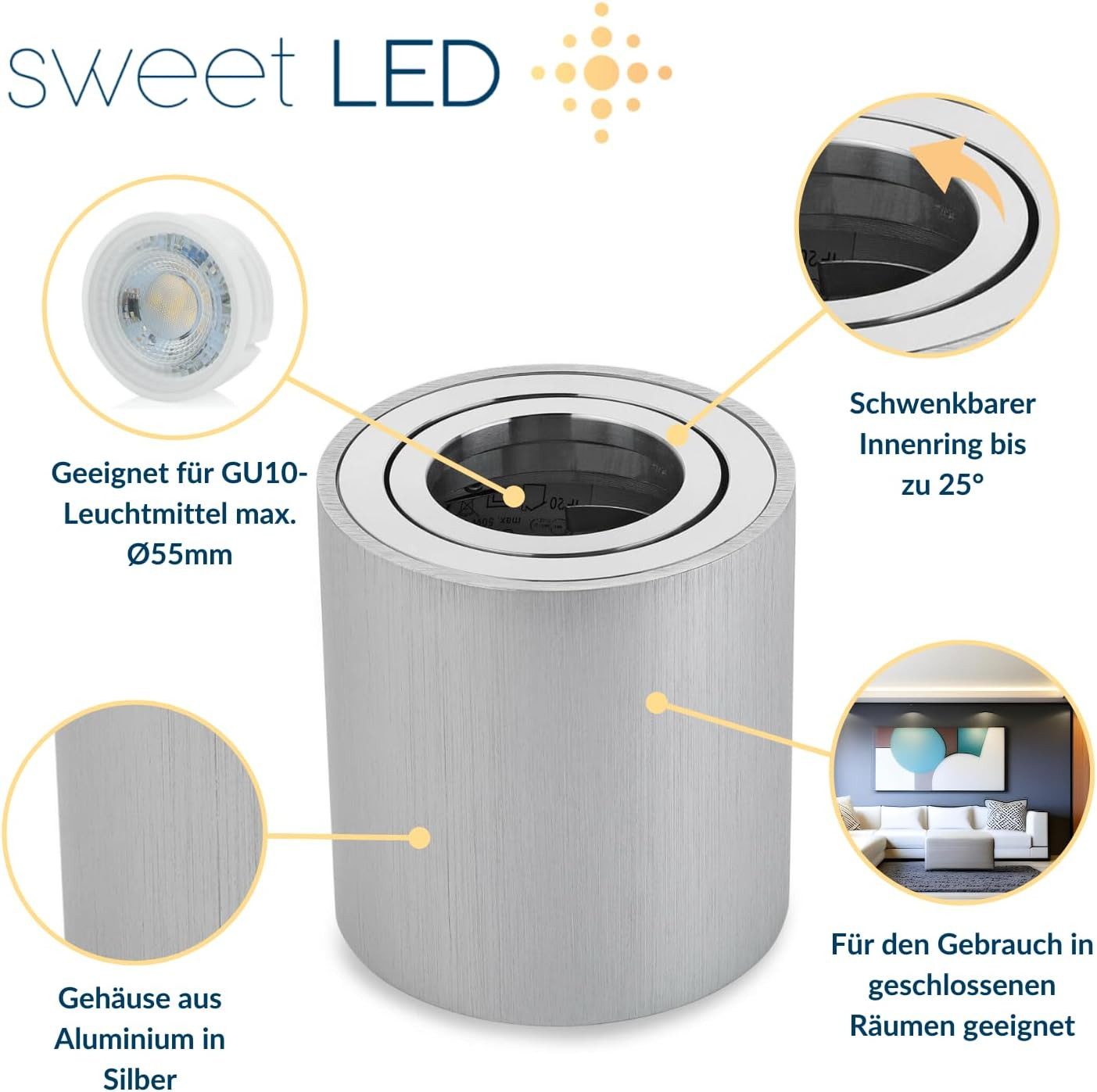 Sweet LED Aufbauleuchte GU10 4er Set runde Deckenspots Aluminium 230V schwenkbar, ohne Leuchtmittel, Aufbaustrahler LED, Aufbauspot, Deckenstrahler, schwenkbar