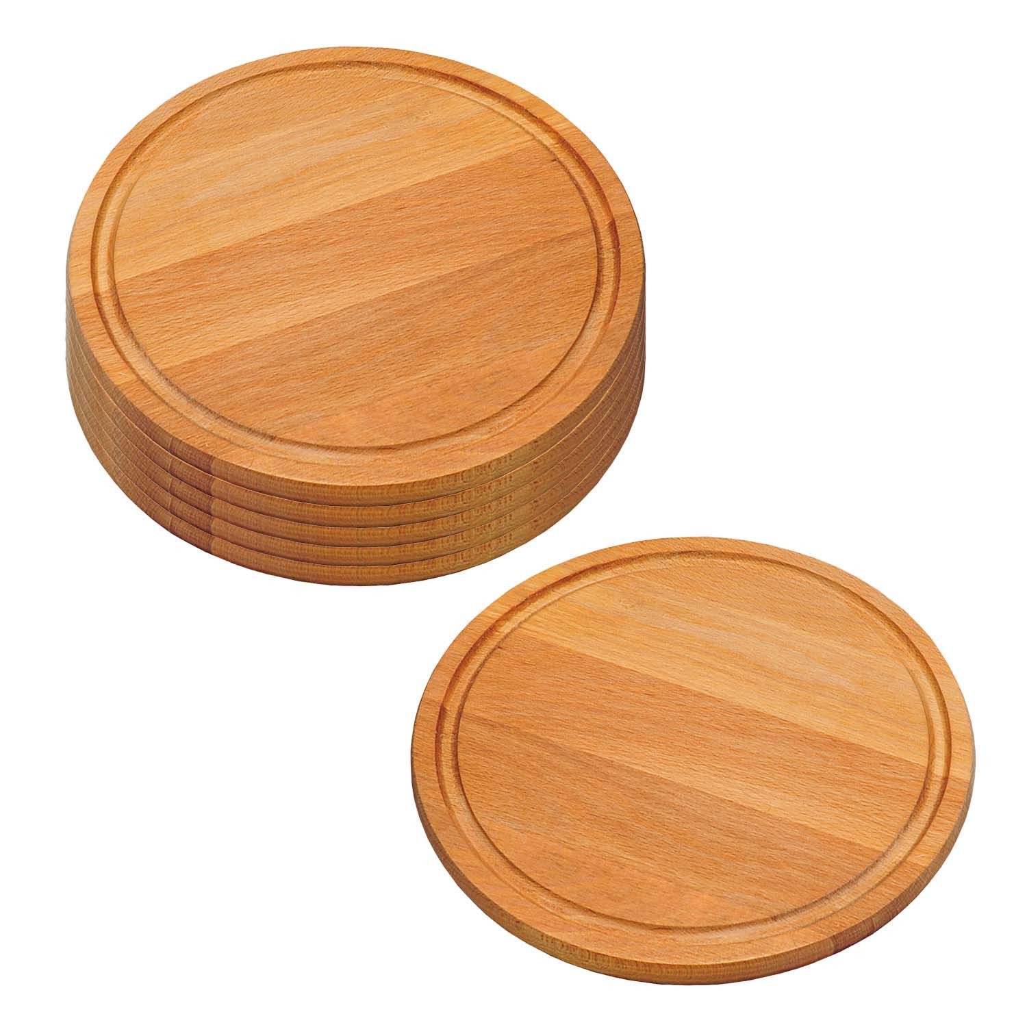 Kesper Servierbrett 6 Vesperteller mit Saftrille, Buche - Ø 25cm, Stärke 1,5cm, Holz, (6-St), mit umlaufender Saftrille