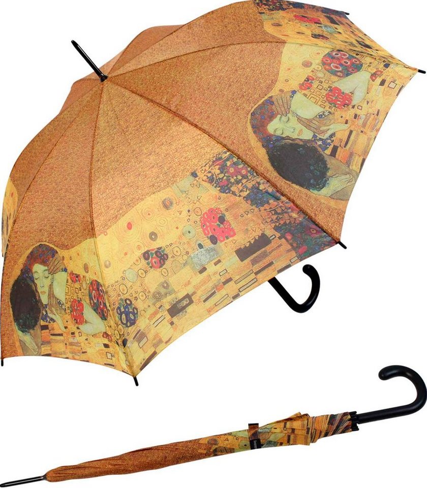 HAPPY RAIN Langregenschirm großer Regenschirm mit Künstlermotiv für Damen,  Motiv Klimt der Kuss klein