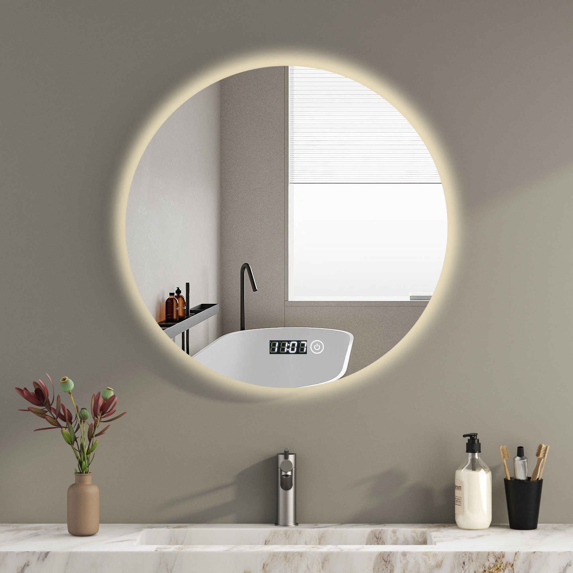 WDWRITTI Badspiegel Led Rund Rundspiegel 60 cm mit beleuchtung und Uhr  3Lichtfarben Memory (Wandspiegel, Helligkeit dimmbar), Touch,Wandschalter  auswählbar, Energiesparend, IP44