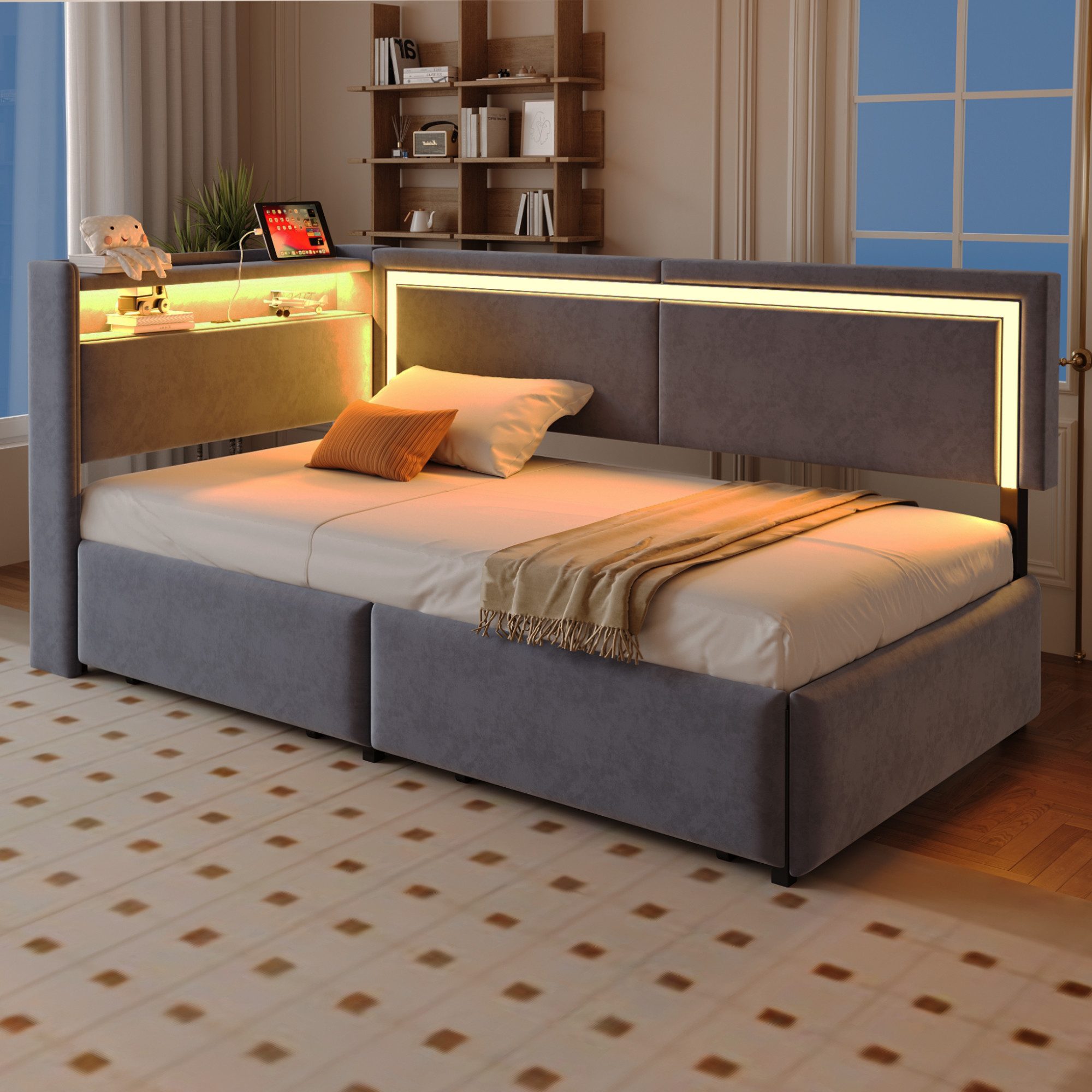 OKWISH Schlafsofa mit USB-Ladeanschlüssen und aufklappbarem Kopfteil mit Stauraumfach, mit LED-Beleuchtung, Kinderbett inklusive Aufbewahrungsschublade, Samtstoff Polsterbett, Daybett 90x200 cm, ohne Matratze