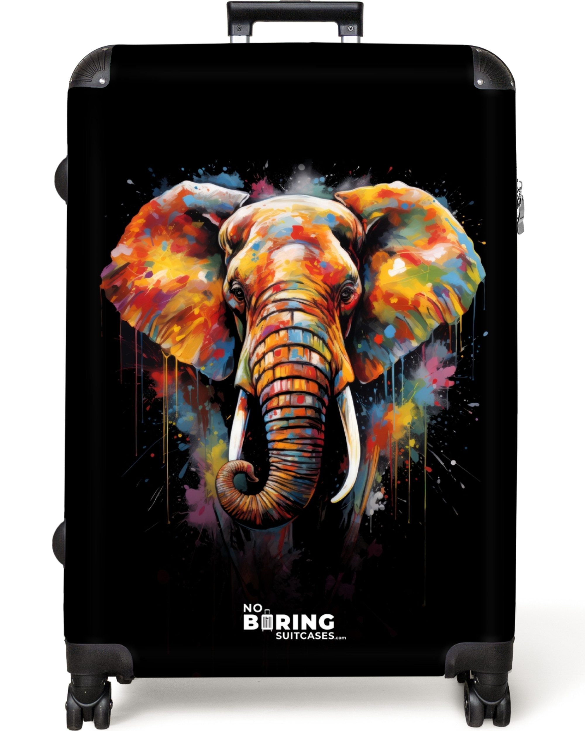NoBoringSuitcases.com© Hartschalen-Trolley Elefant mit bunten Spritzern verziert 77 cm - 98 L, 8 Rollen, Großer Reisetasche mit Rollen für 30kg, Kinderkoffer