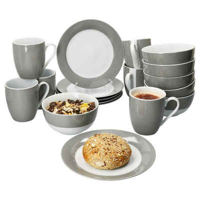 MamboCat Frühstücks-Geschirrset 18tlg Frühstücksset Variant Grau Porzellan 6 Personen Teller Schale, Porzellan