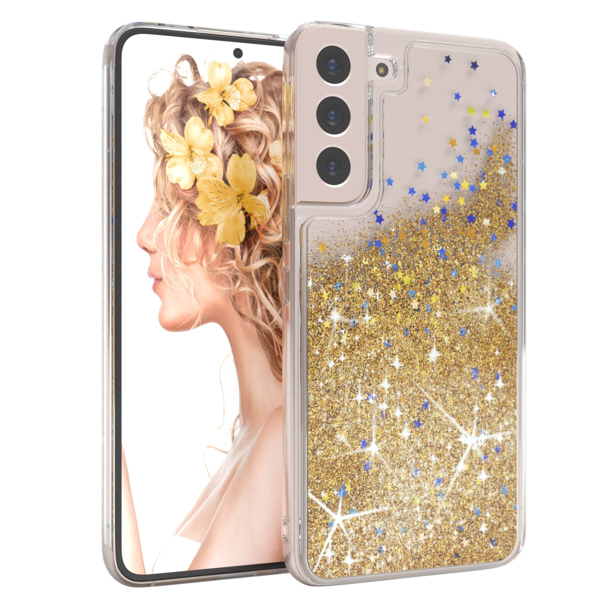 EAZY CASE Handyhülle Liquid Glittery Case für Samsung Galaxy S22 Plus 6,6 Zoll, Durchsichtig Back Case Handy Softcase Silikonhülle Glitzer Cover Gold