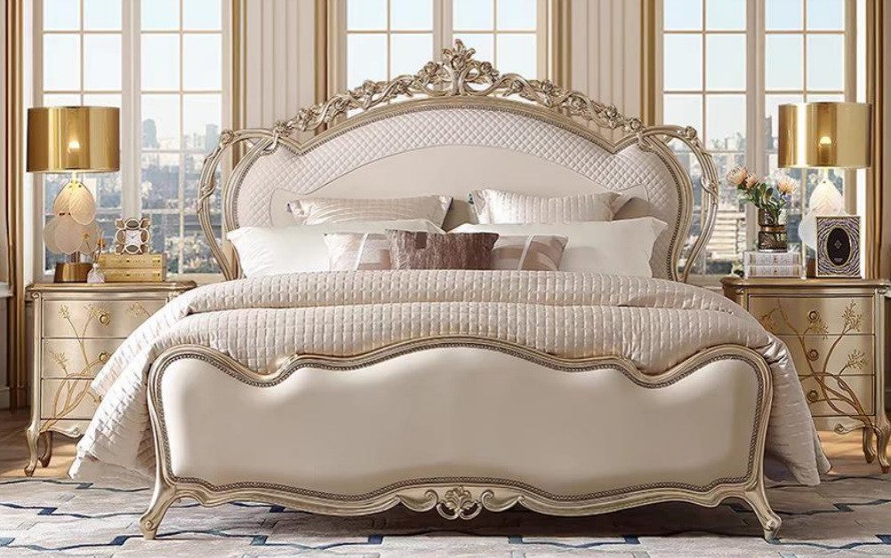 JVmoebel Bettgestell Beiges Komfortbett mit Holzrahmen und Lederpolsterung (1-tlg), Made in Europa