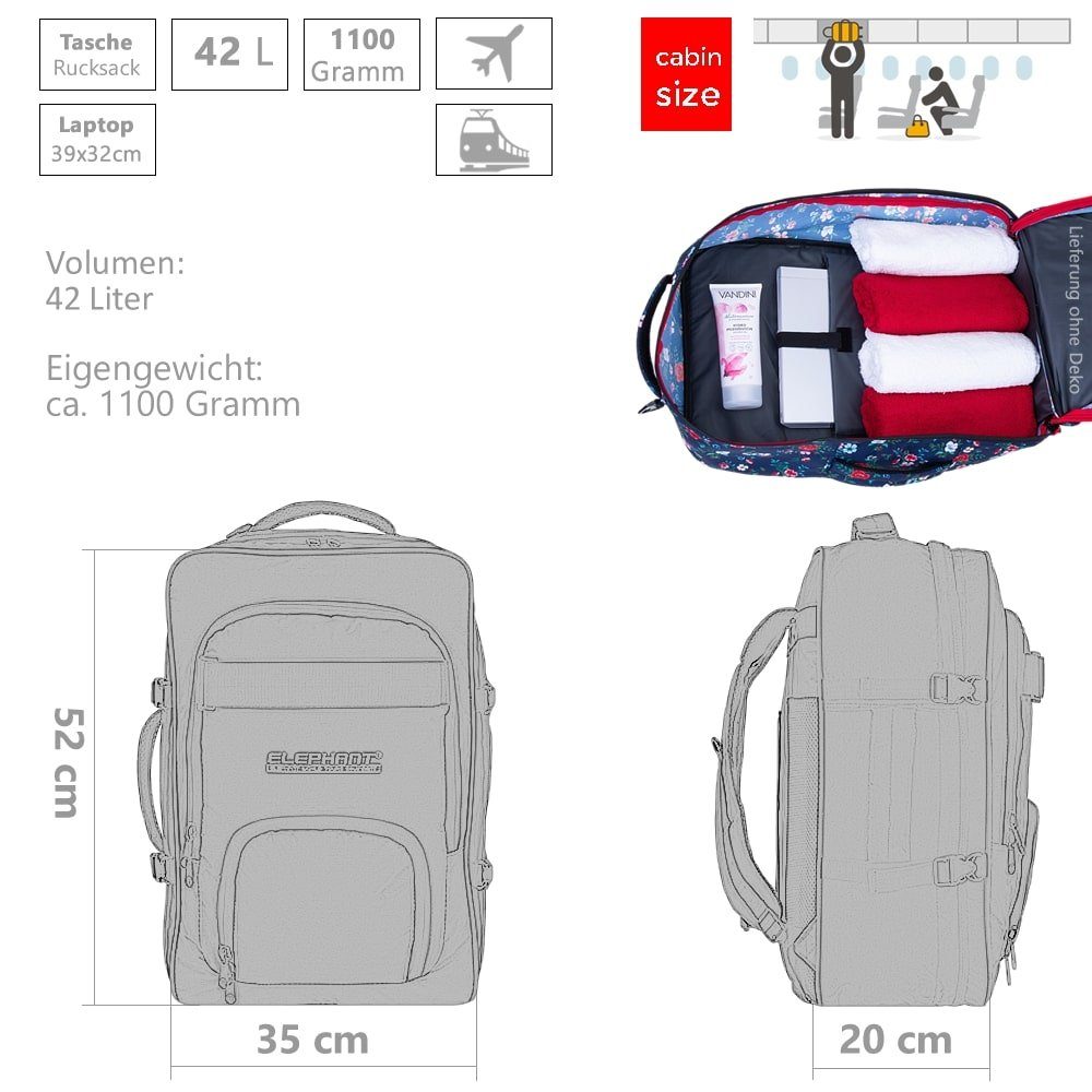 ELEPHANT Reiserucksack Fly Travel Flower Rucksack Handgepäck, Kabinengepäck Handgepäckrucksack Daypack Damen groß