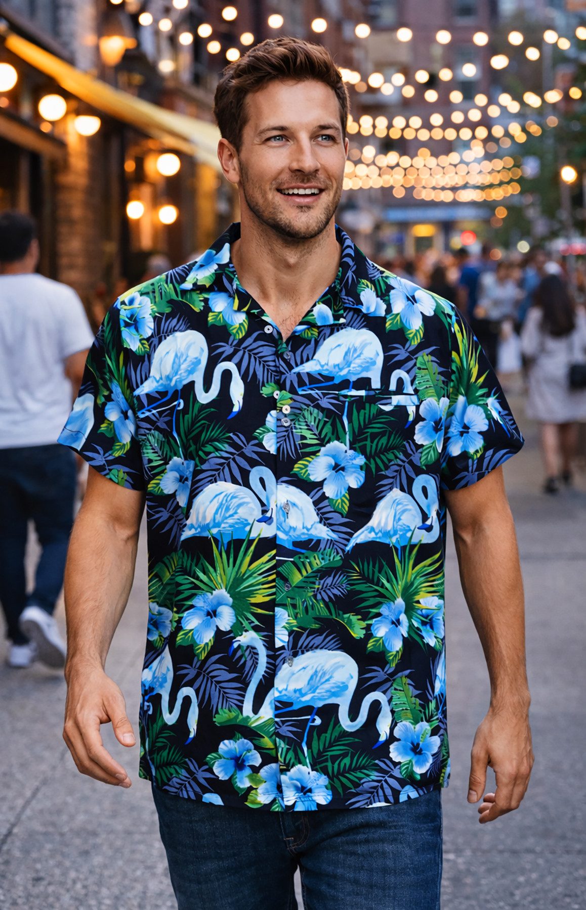 King Kameha Hawaiihemd "Flamingo Flowers" Funky Hawaii-Hemd Herren Kurzarm Front-Tasche