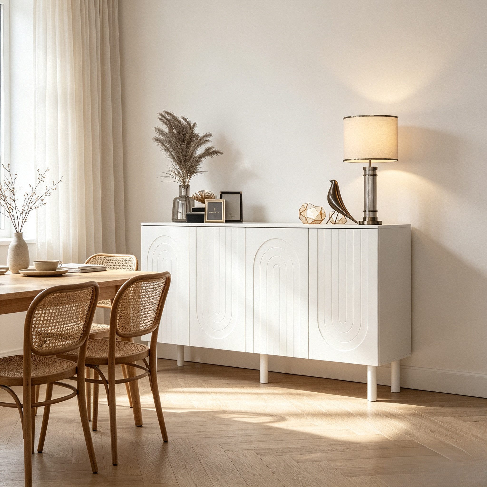FUFU&GAGA Sideboard Weiß 160 cm breit Skandi Design, 5 Massivholzbeine Stabil