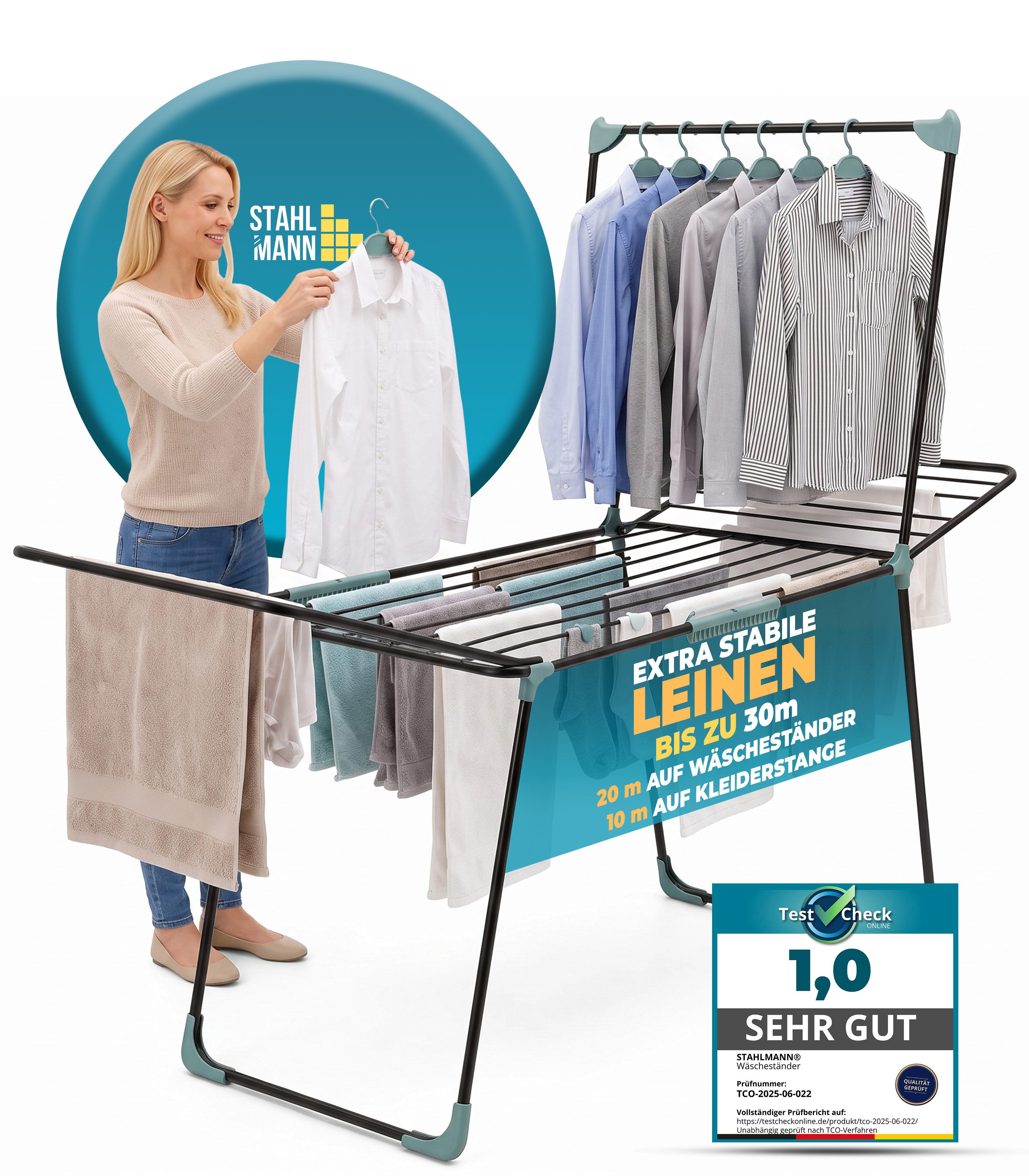 STAHLMANN COMMERCE GmbH Wäscheständer Schwarz XXL, 30 m, mit Kleiderstange, klappbar, Rollen, Sockenhalter, 2-in-1 mit Kleiderstange, Rollen & Sockenhalter