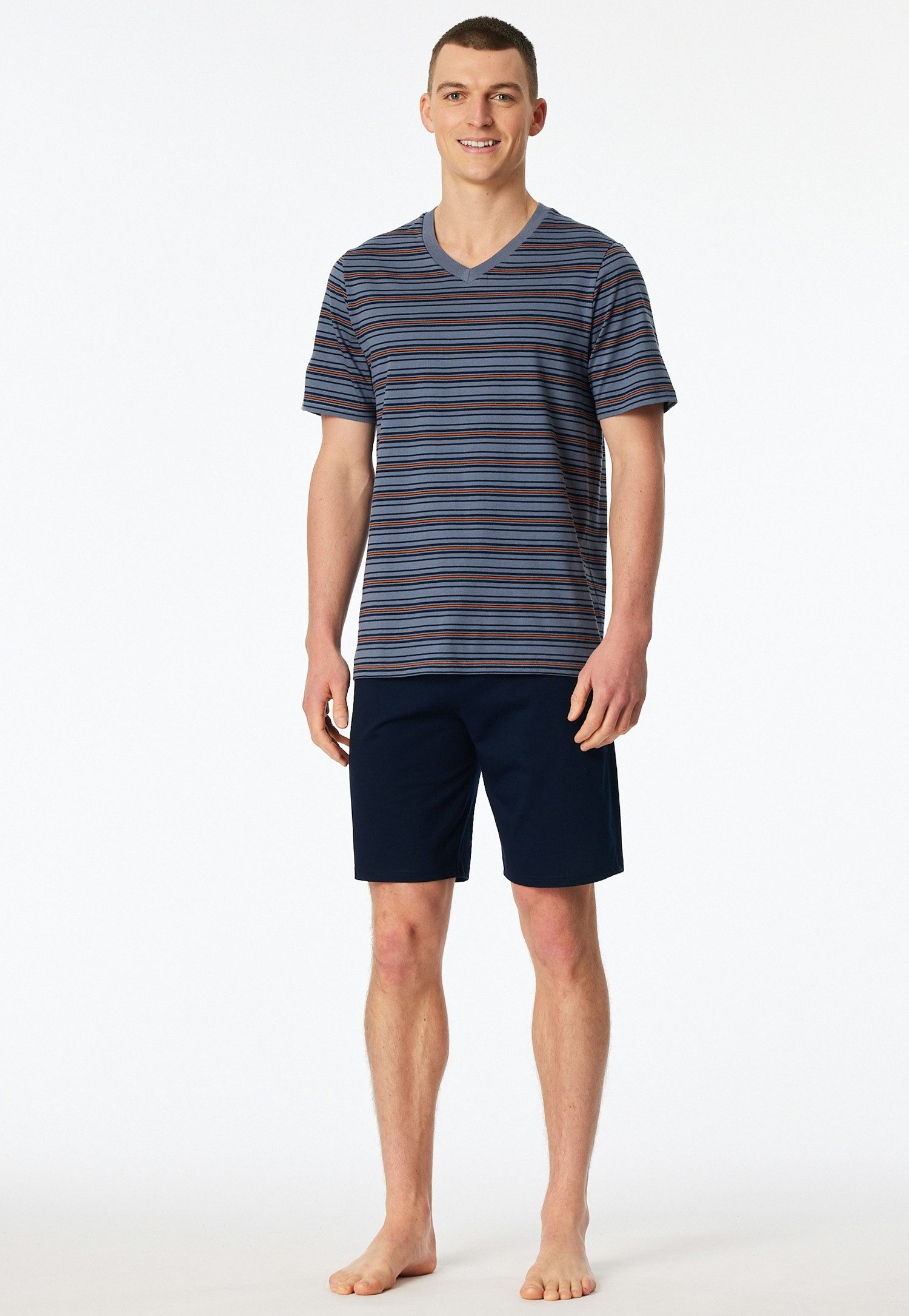 Schiesser Shorty Casual Nightwear (2 tlg) mit V-Ausschnitt und kurzem Arm, Oberteil gestreift