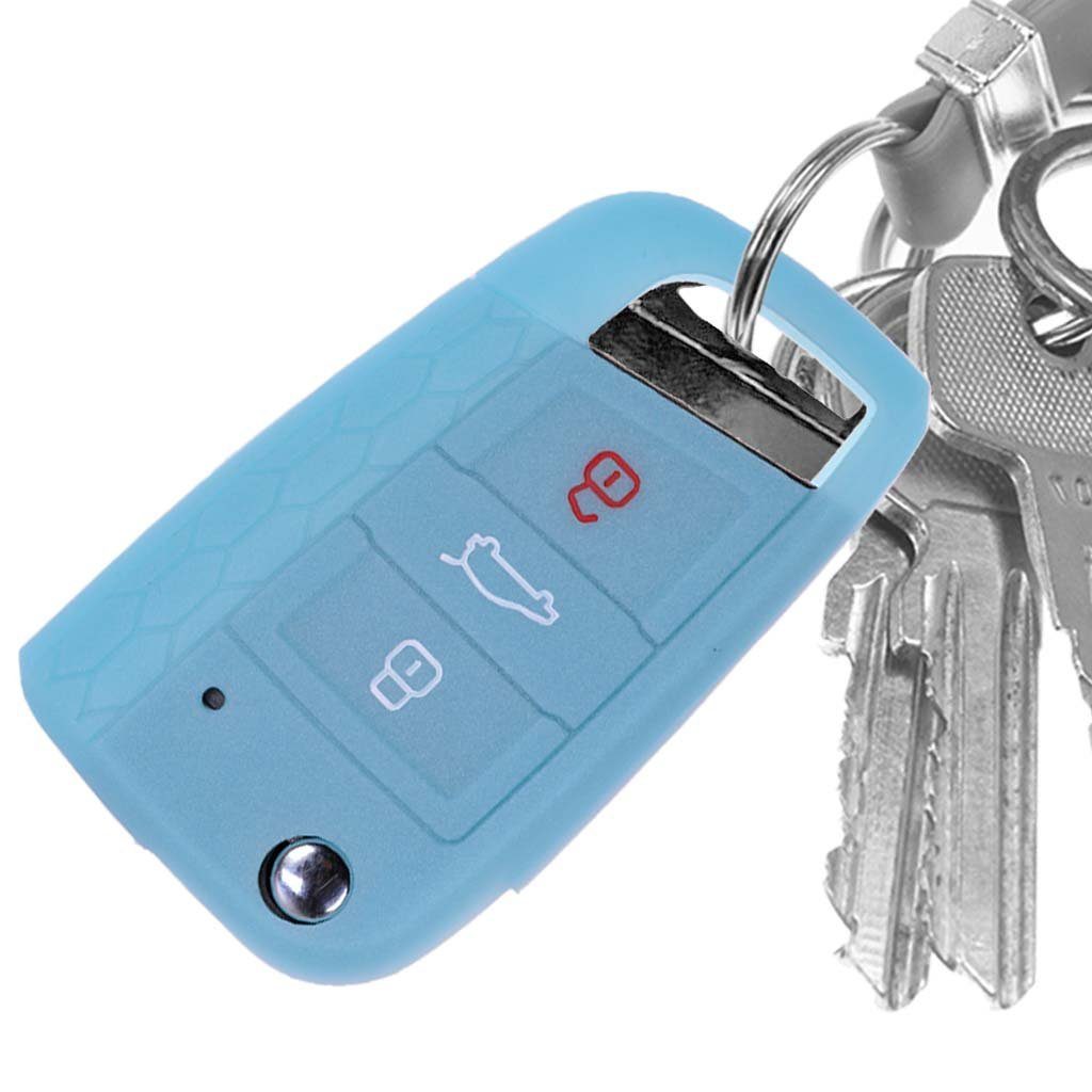 mt-key Schlüsseltasche Autoschlüssel Softcase Silikon Schutzhülle fluoreszierend Blau, für VW Polo Golf 7 VII GTI GTD GTE R 3 Tasten Klappschlüssel