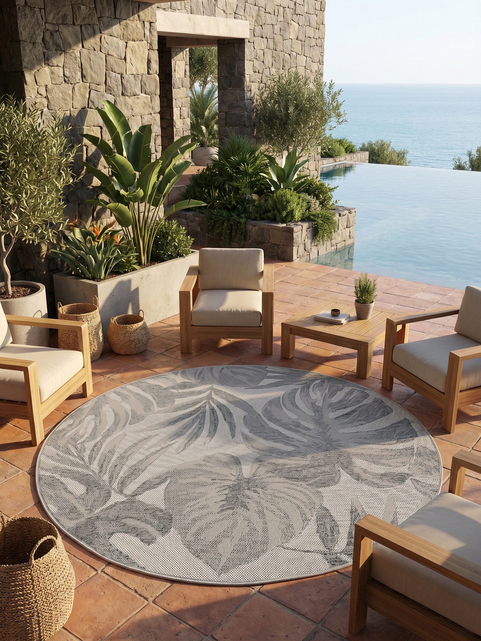 KADIMA DESIGN Teppich VENTOUX Wetterfest UV-Beständig Balkon Waschbar Strapazierfähig, Rund, Höhe: 5 mm, Grau, 80x80 cm, Outdoor Balkonteppich Terrasse Pflegele – Bild 5 von 5