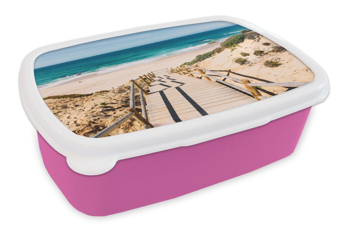 MuchoWow Lunchbox Strand - Treppe - Portugal, Kunststoff, (2-tlg), Brotbox für Erwachsene, Brotdose Kinder, Snackbox, Mädchen, Kunststoff rosa