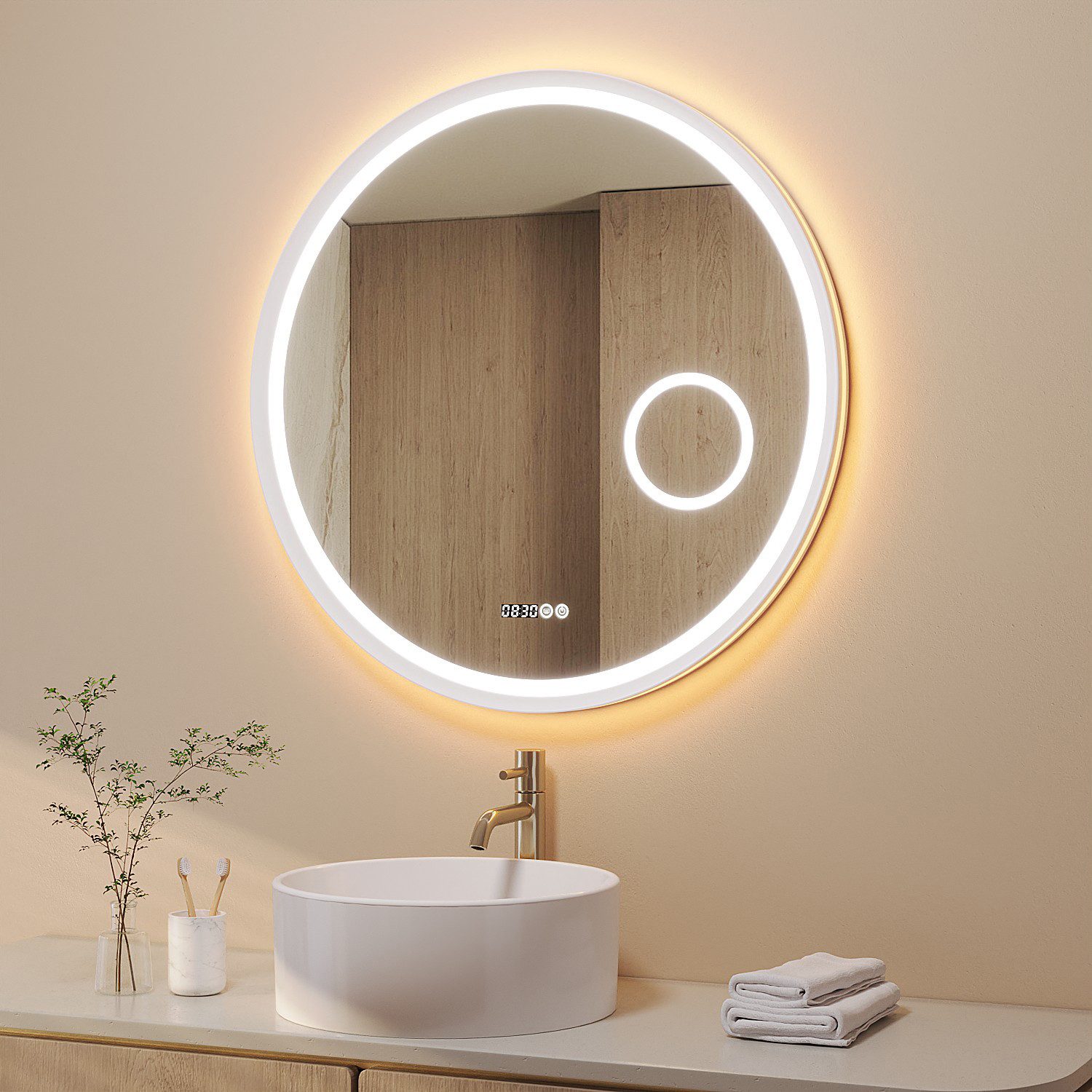 AQUABATOS Badspiegel Rund mit LED Beleuchtung 80 cm Wandspiegel dimmbar Badezimmerspiegel, 3-fach-Vergrößerung Kosmetikspiegel, Touch, Anti-Beschlag, Uhr, IP44
